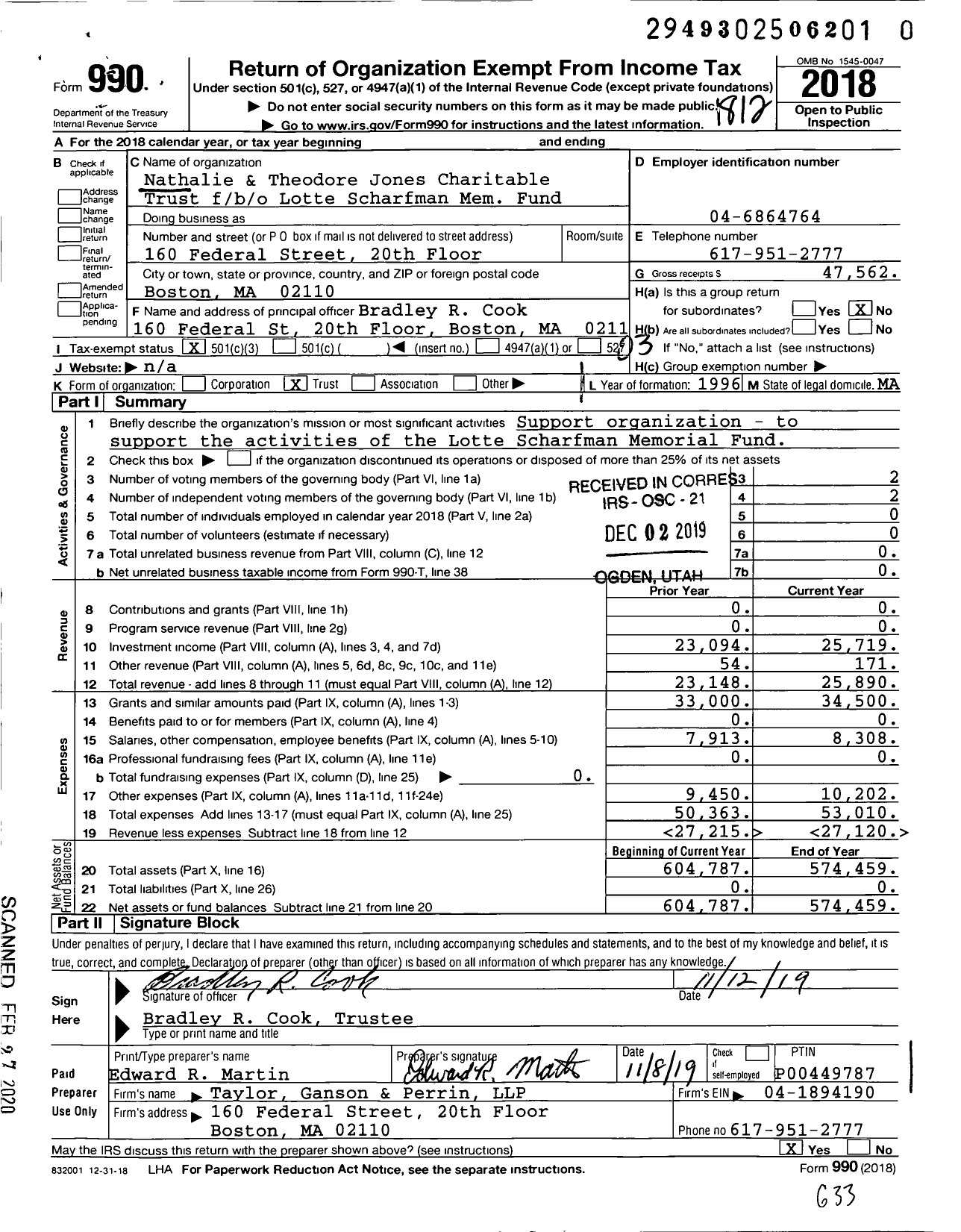 Image of first page of 2018 Form 990 for Nathalie & Theodore Jones Charitable Trust Fbo / b / o Lotte Scharfman Mem Fund