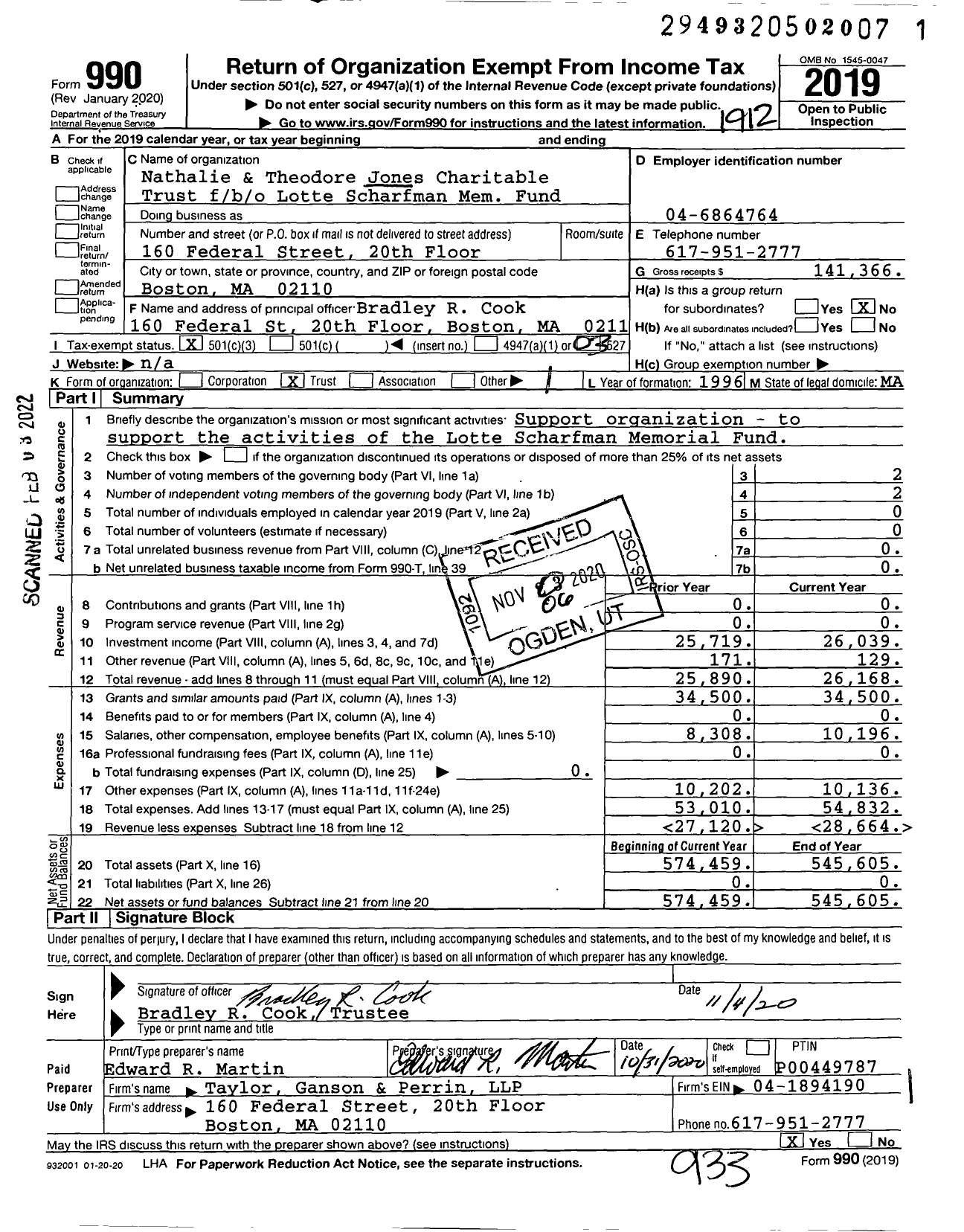 Image of first page of 2019 Form 990 for Nathalie & Theodore Jones Charitable Trust Fbo / b / o Lotte Scharfman Mem Fund