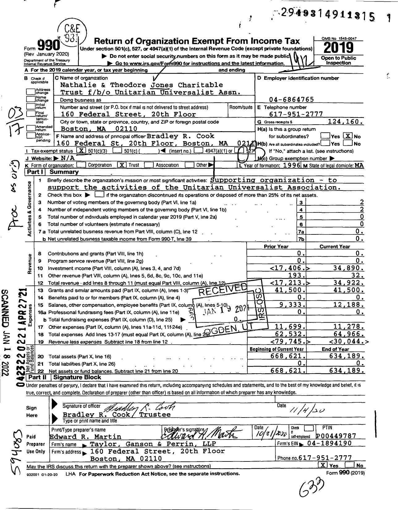 Image of first page of 2019 Form 990 for Nathalie & Theodore Jones Charitable Trust f / b / o Unitarian Universalist Assn