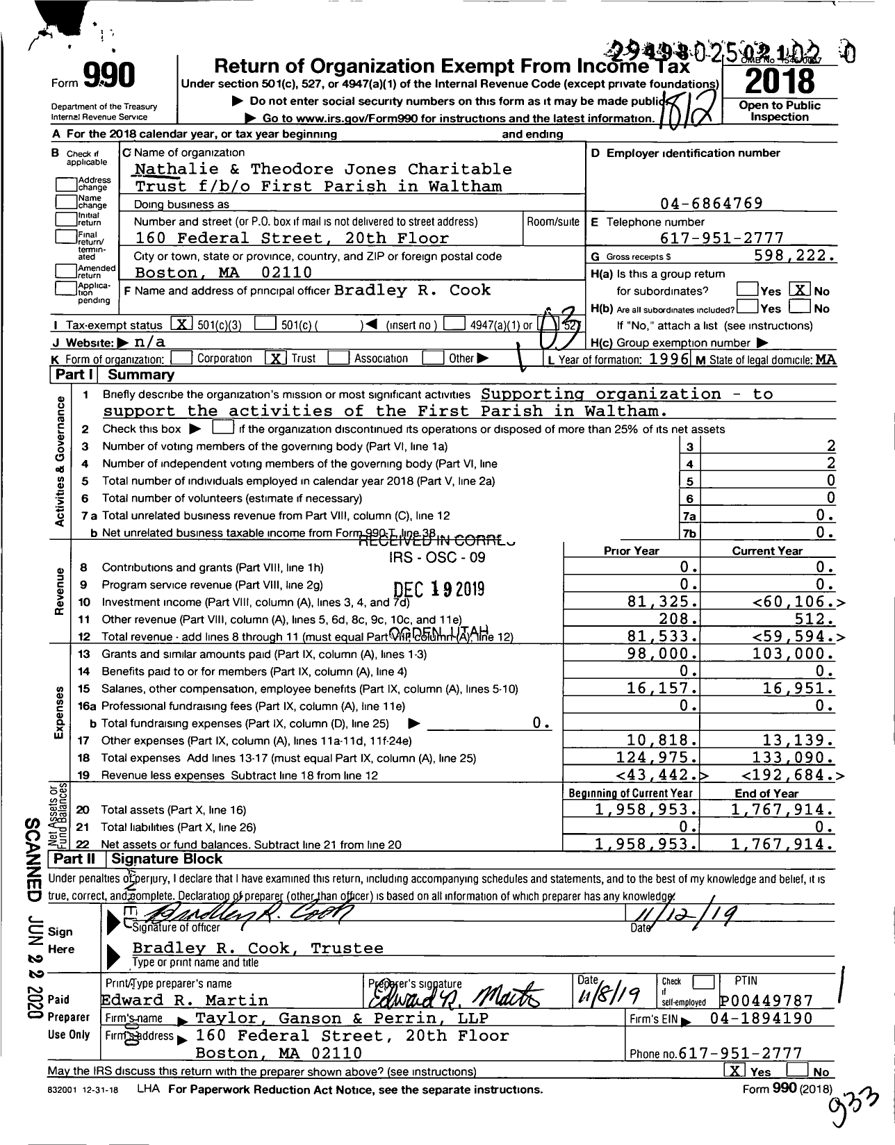 Image of first page of 2018 Form 990 for Nathalie & Theodore Jones Charitable Trust f / b / o First Parish in Waltham