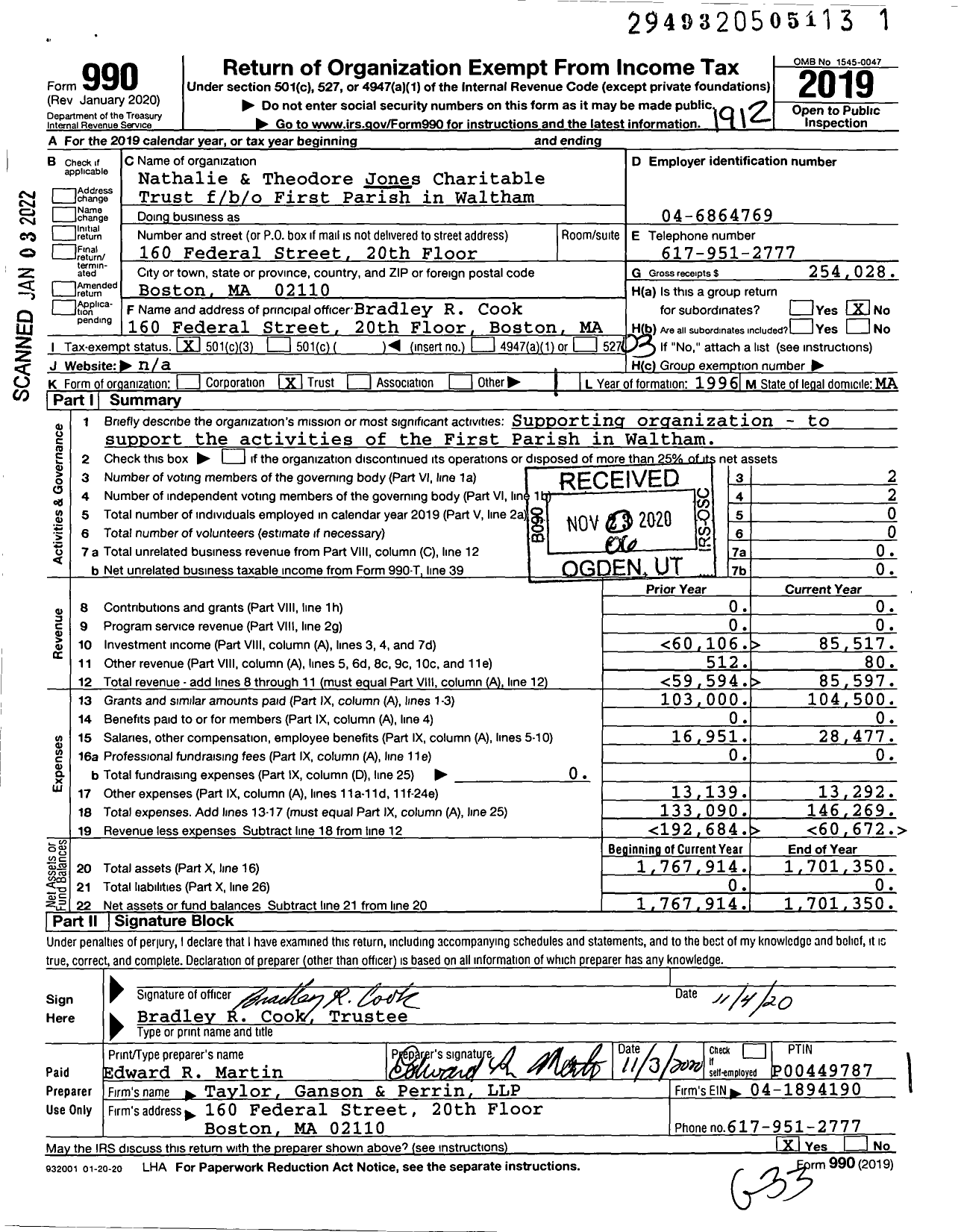 Image of first page of 2019 Form 990 for Nathalie & Theodore Jones Charitable Trust f / b / o First Parish in Waltham