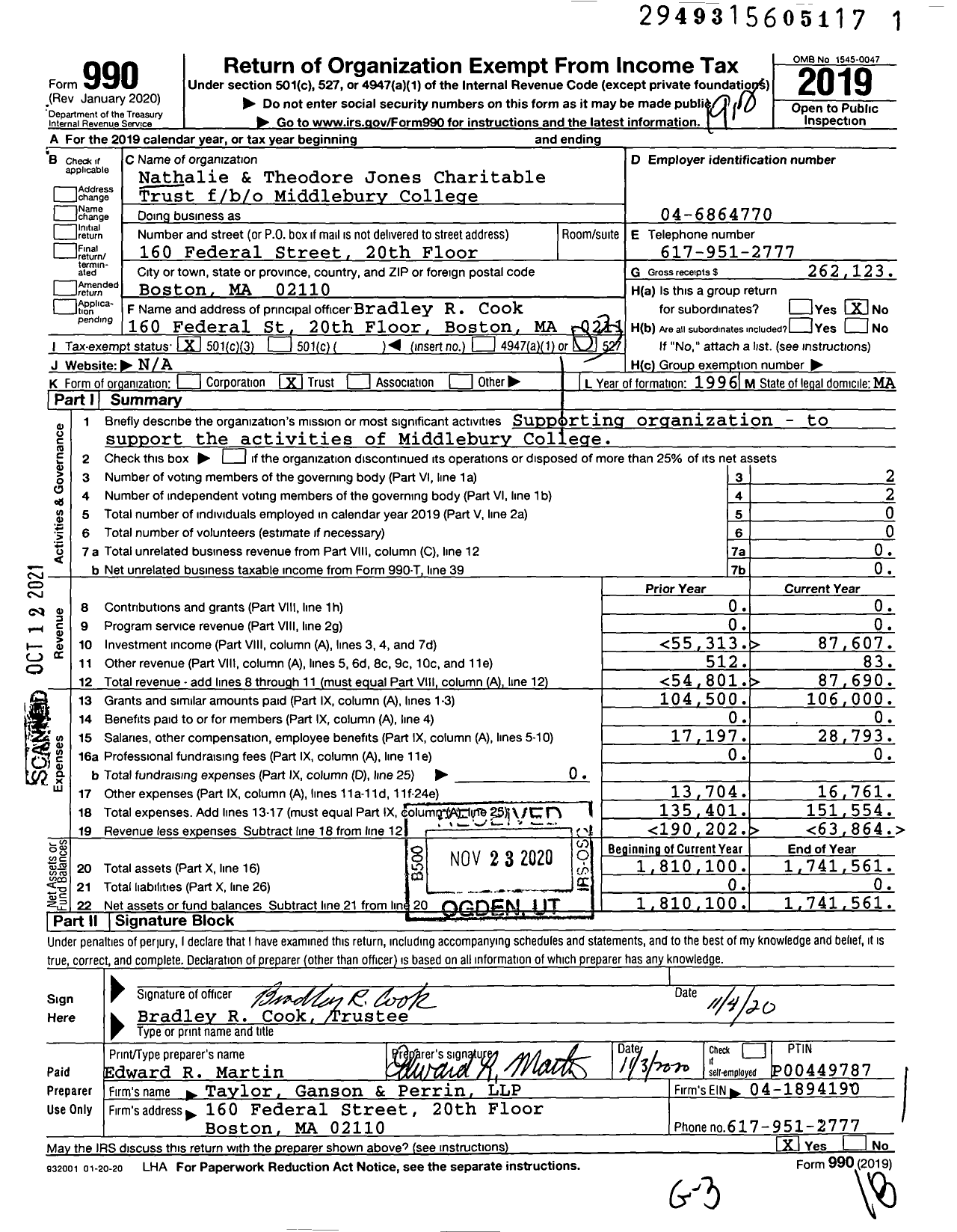 Image of first page of 2019 Form 990 for Nathalie & Theodore Jones Charitable Trust Fbo / b / o Middlebury College