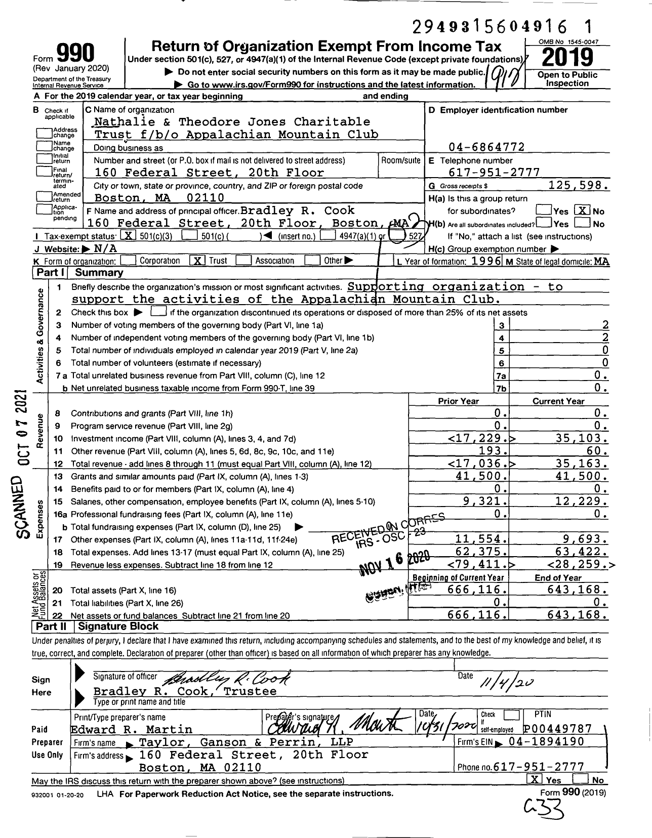 Image of first page of 2019 Form 990 for Nathalie & Theodore Jones Charitable Trust f / b / o Appalachian Mountain Club