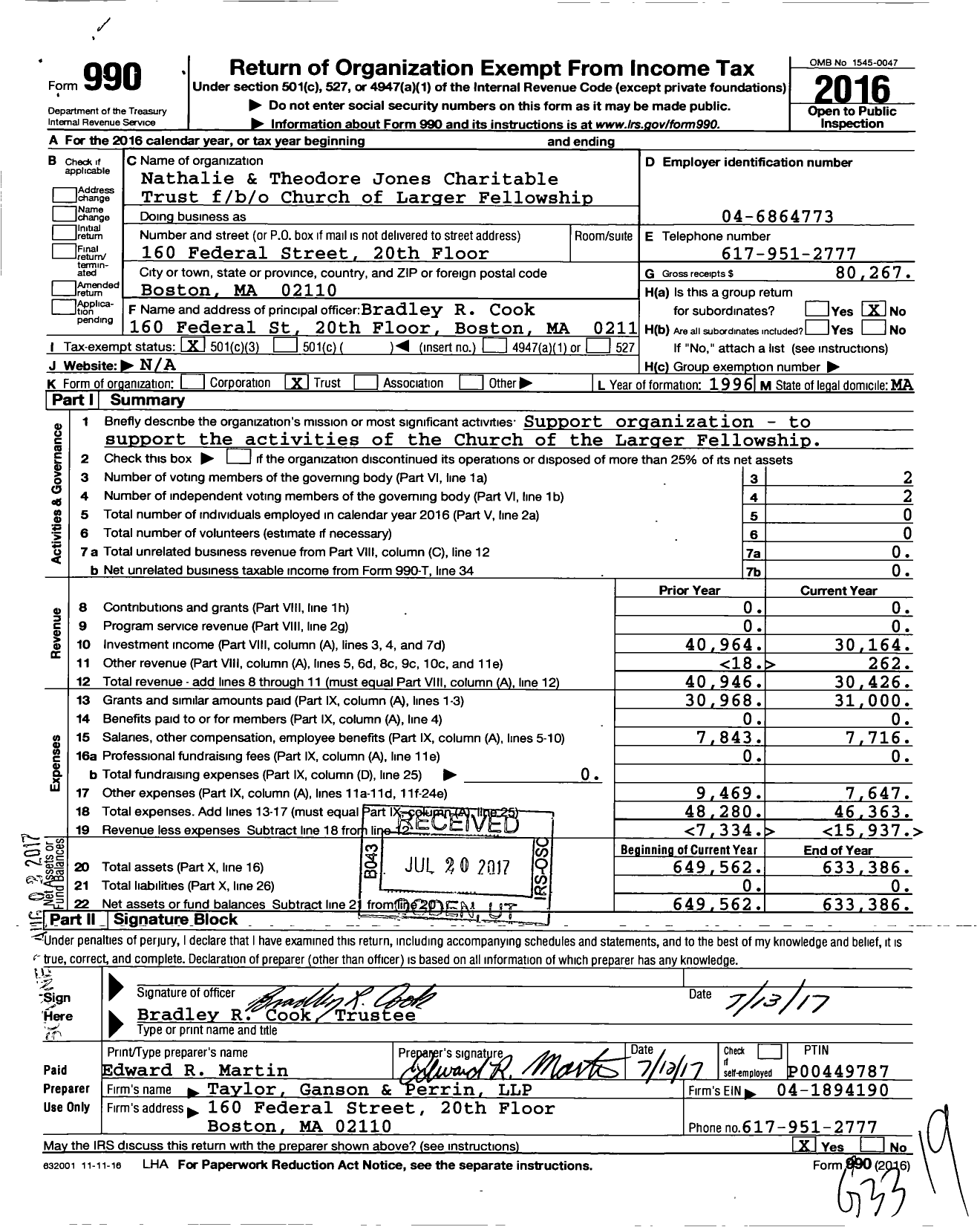 Image of first page of 2016 Form 990 for Nathalie & Theodore Jones Charitable Trust Fbo / b / o Church of Larger Fellowship