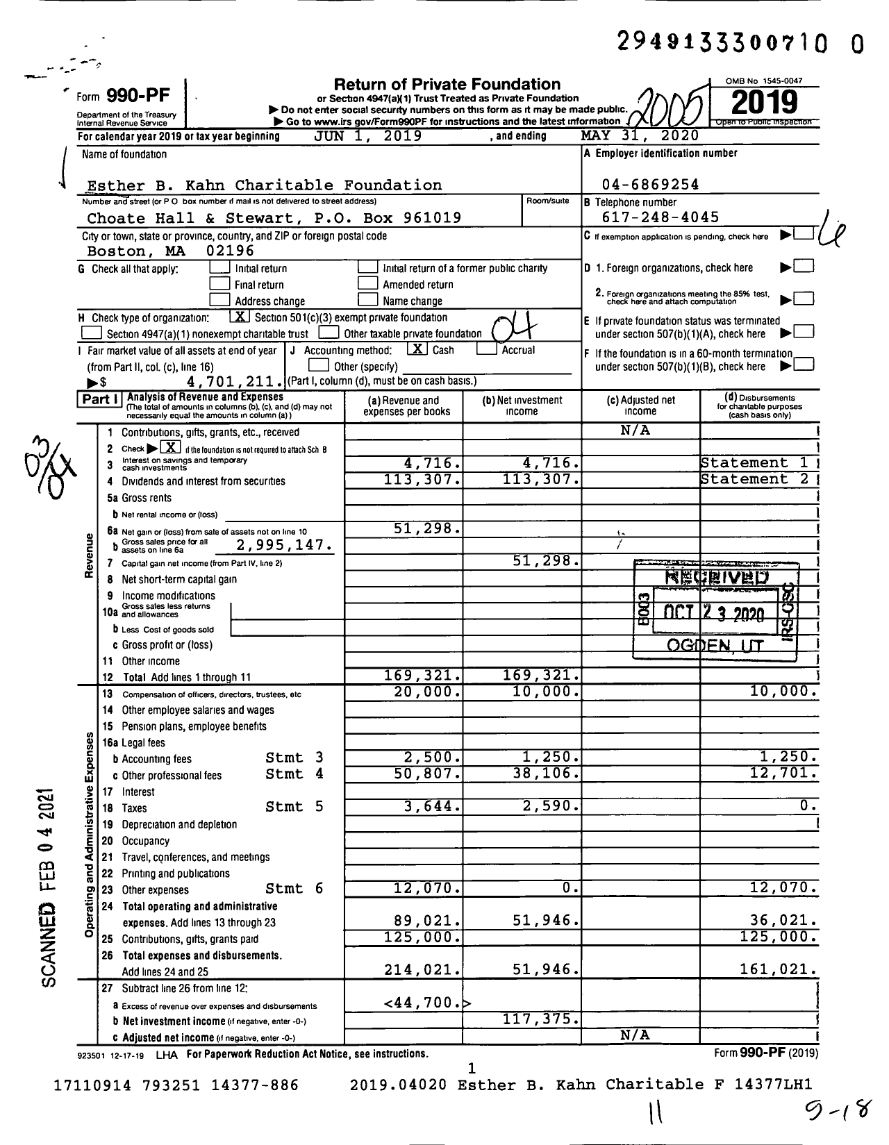 Image of first page of 2019 Form 990PF for Esther B Kahn Charitable Foundation