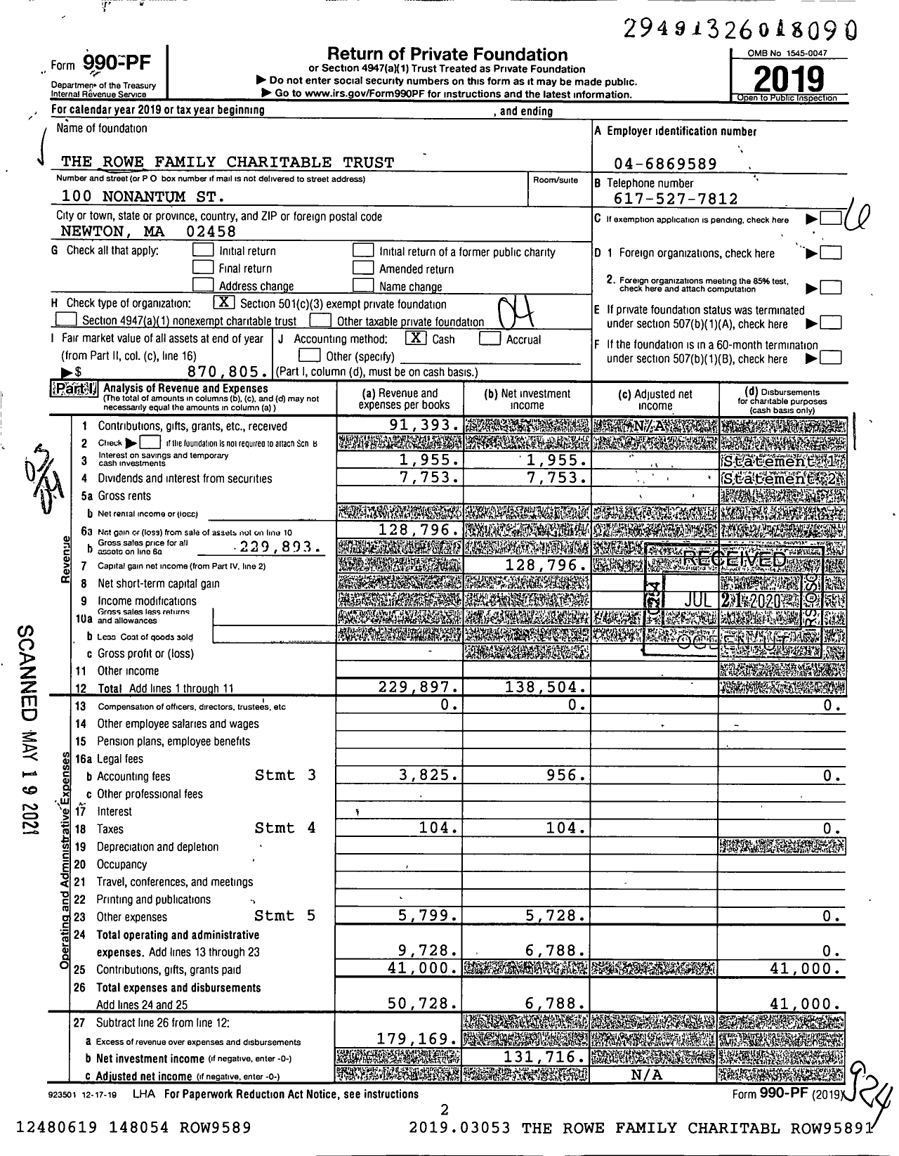 Image of first page of 2019 Form 990PF for The Rowe Family Charitable Trust