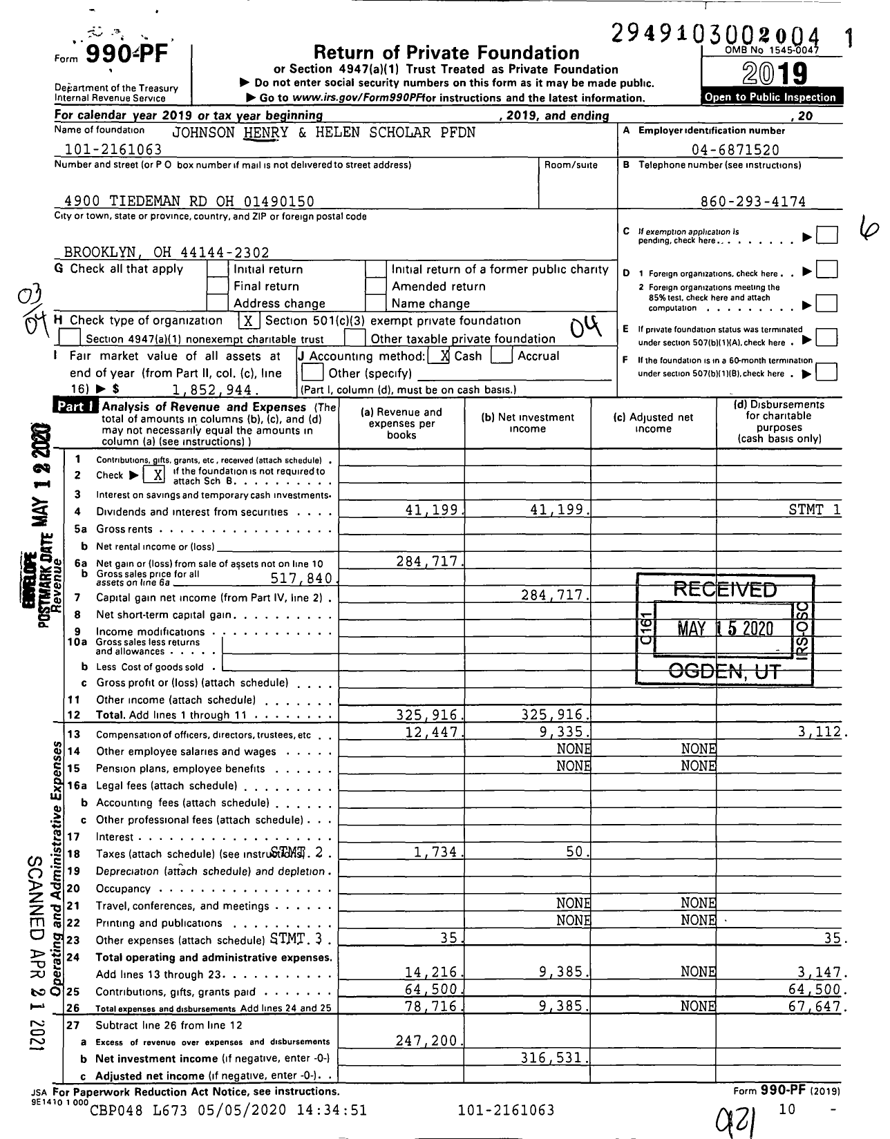 Image of first page of 2019 Form 990PF for Johnson Henry and Helen Scholar PFDN