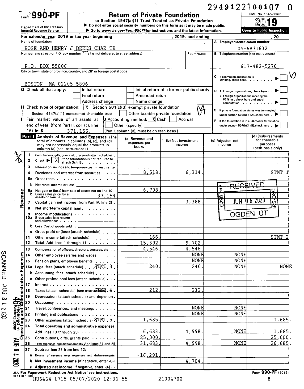 Image of first page of 2019 Form 990PR for Rose and Henry J Deeks Charitable Trust