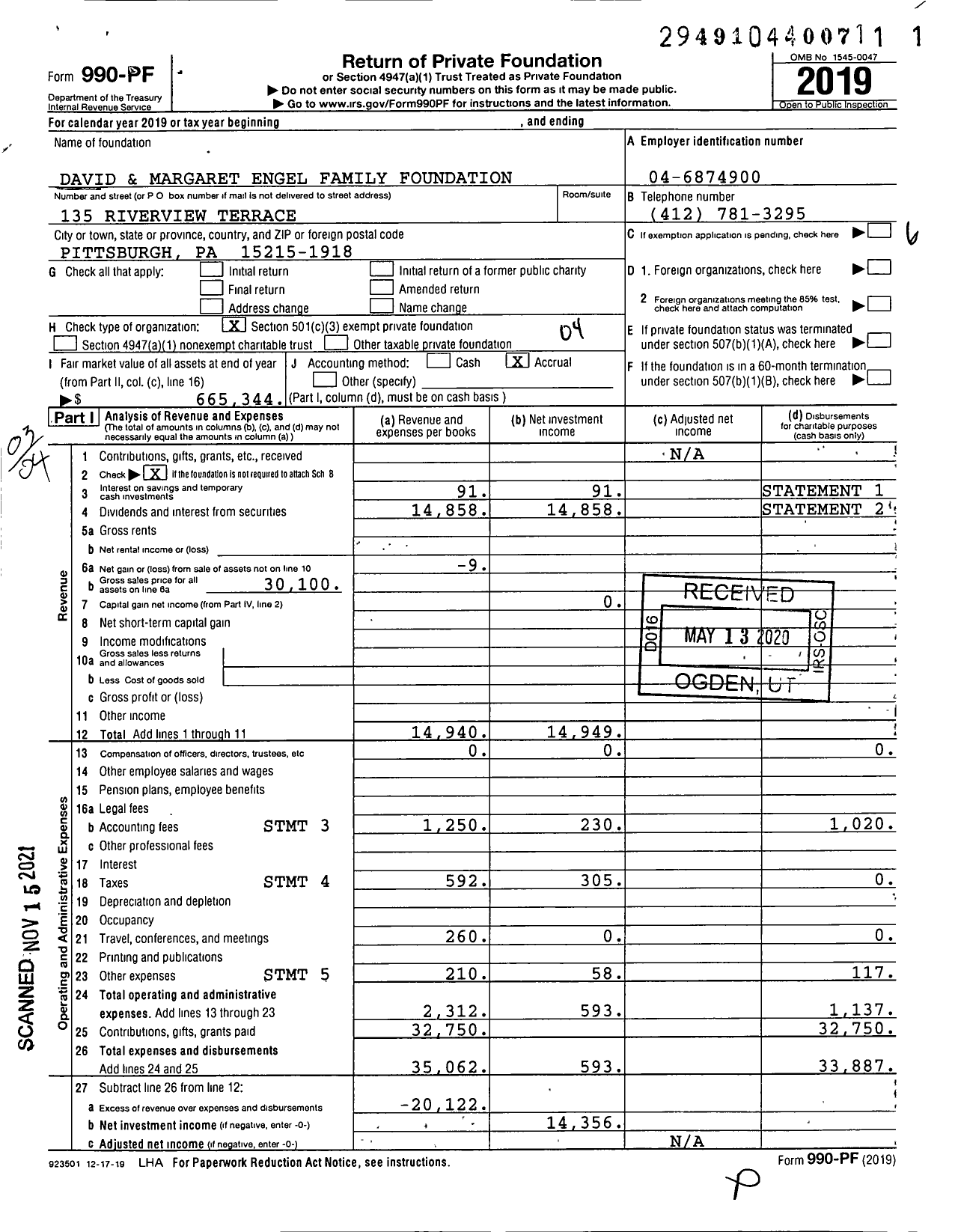 Image of first page of 2019 Form 990PF for David and Margaret Engel Family Foundation