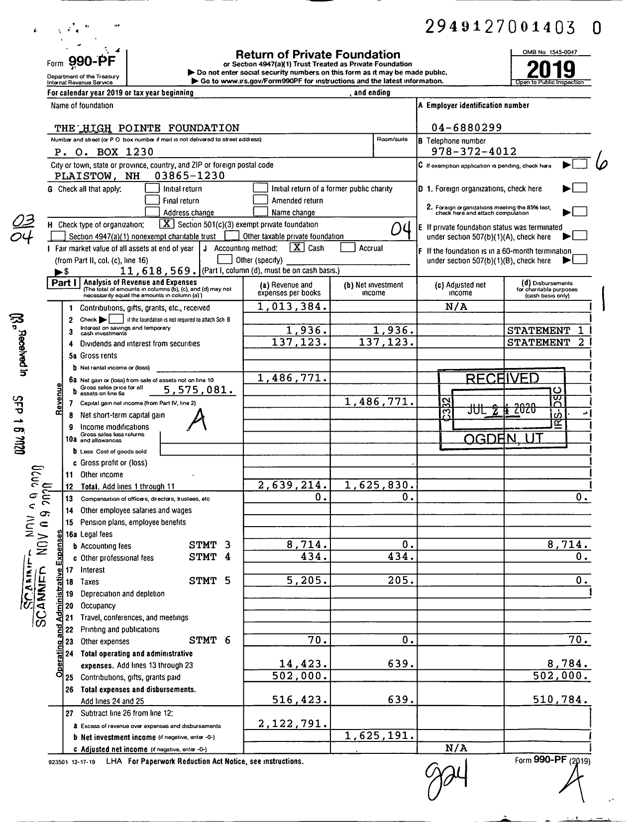 Image of first page of 2019 Form 990PF for The High Pointe Foundation