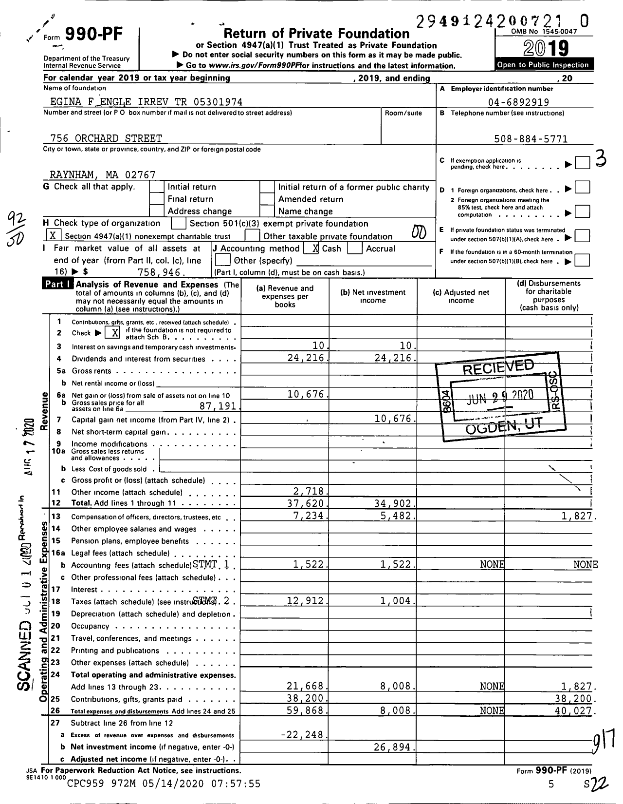 Image of first page of 2019 Form 990PR for Egina F Engle Irrev TR 05301974 CX1689