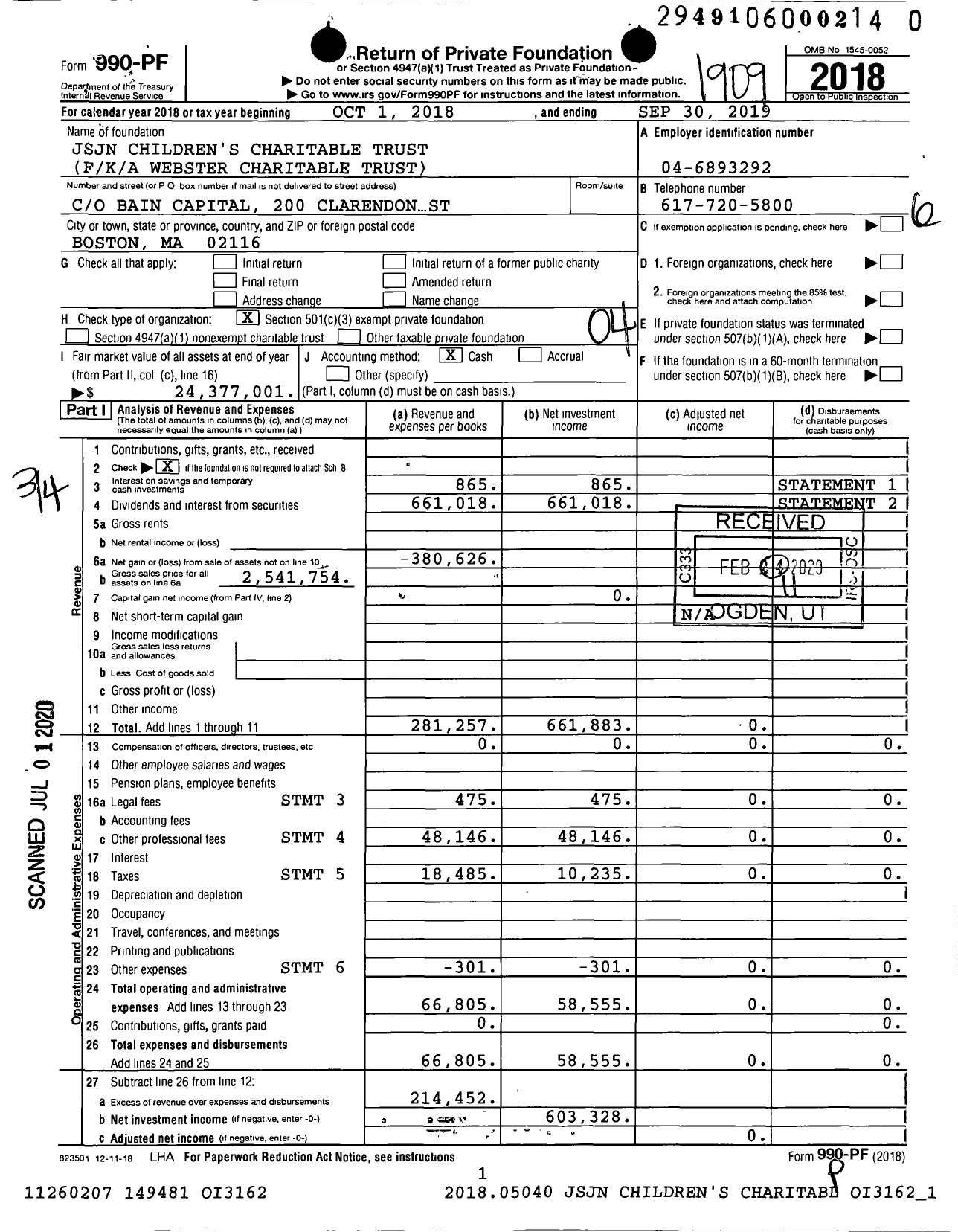 Image of first page of 2018 Form 990PR for JSJN Children's Charitable Trust