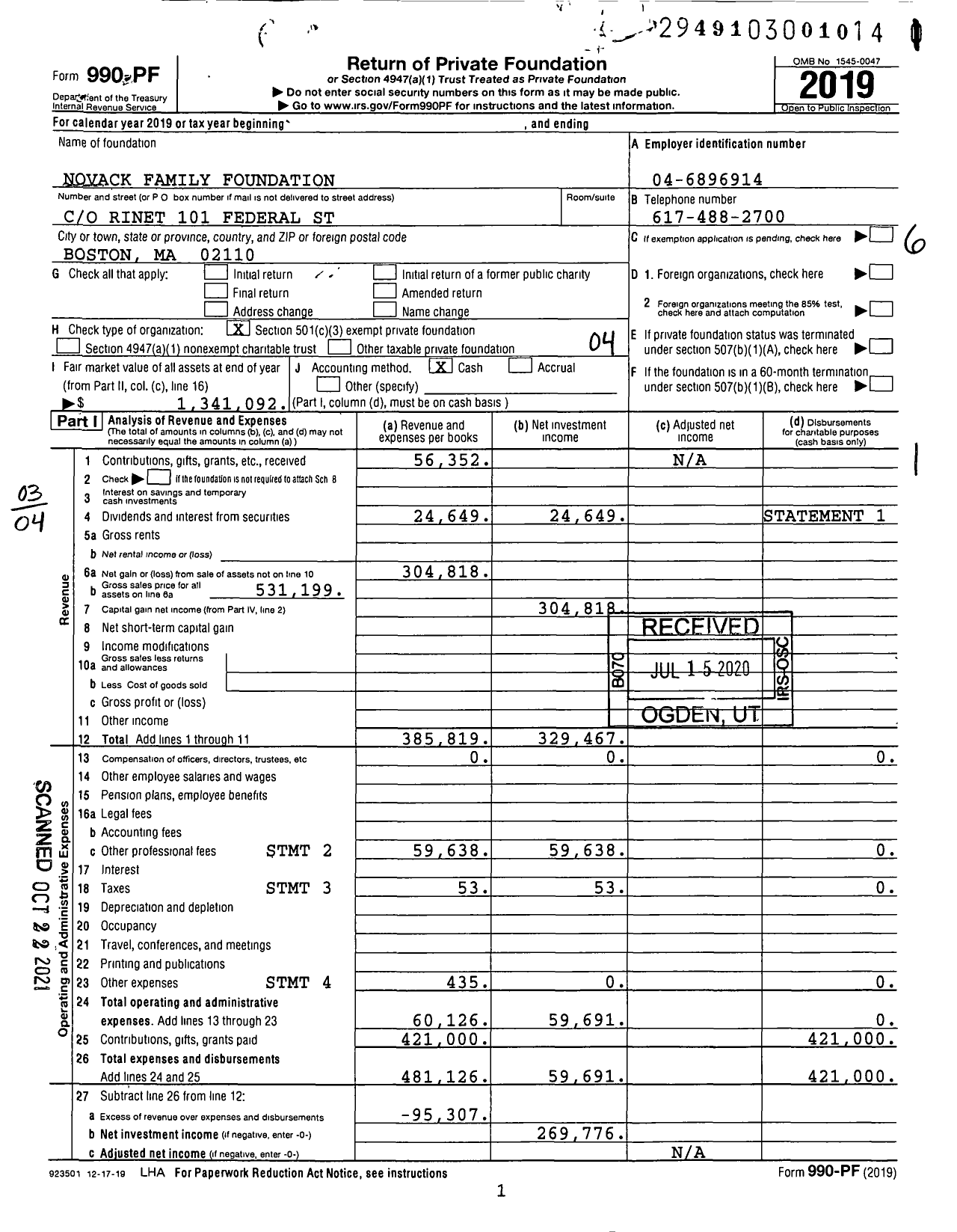 Image of first page of 2019 Form 990PF for Novack Family Foundation