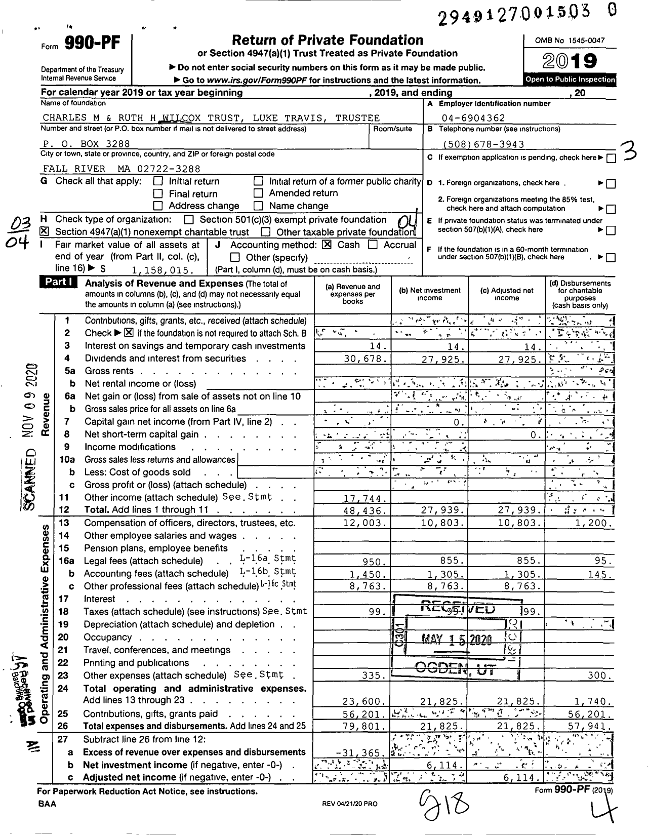 Image of first page of 2019 Form 990PF for Charles M and Ruth Wilcox TR Luke Travis Trustee