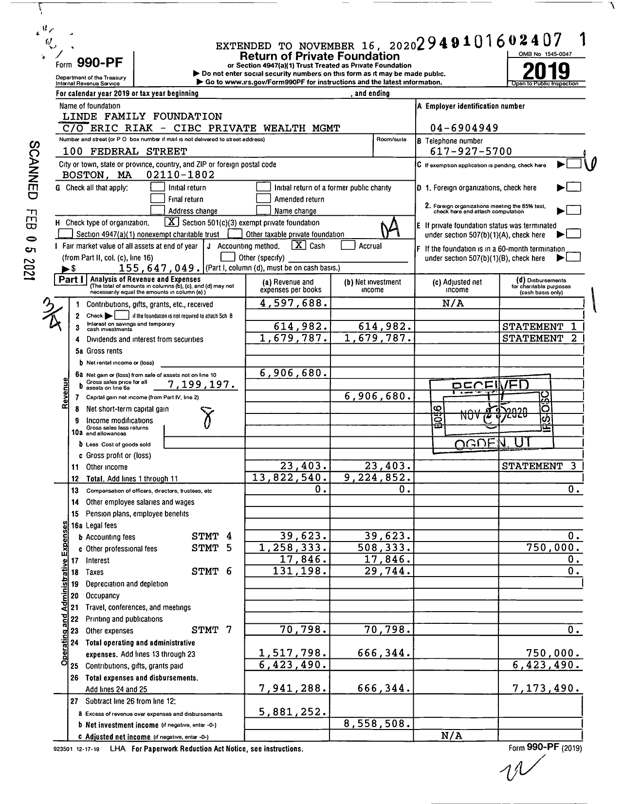 Image of first page of 2019 Form 990PF for Linde Family Foundation