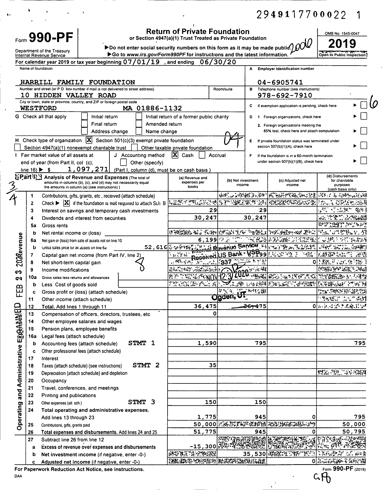 Image of first page of 2019 Form 990PF for Harrill Family Foundation