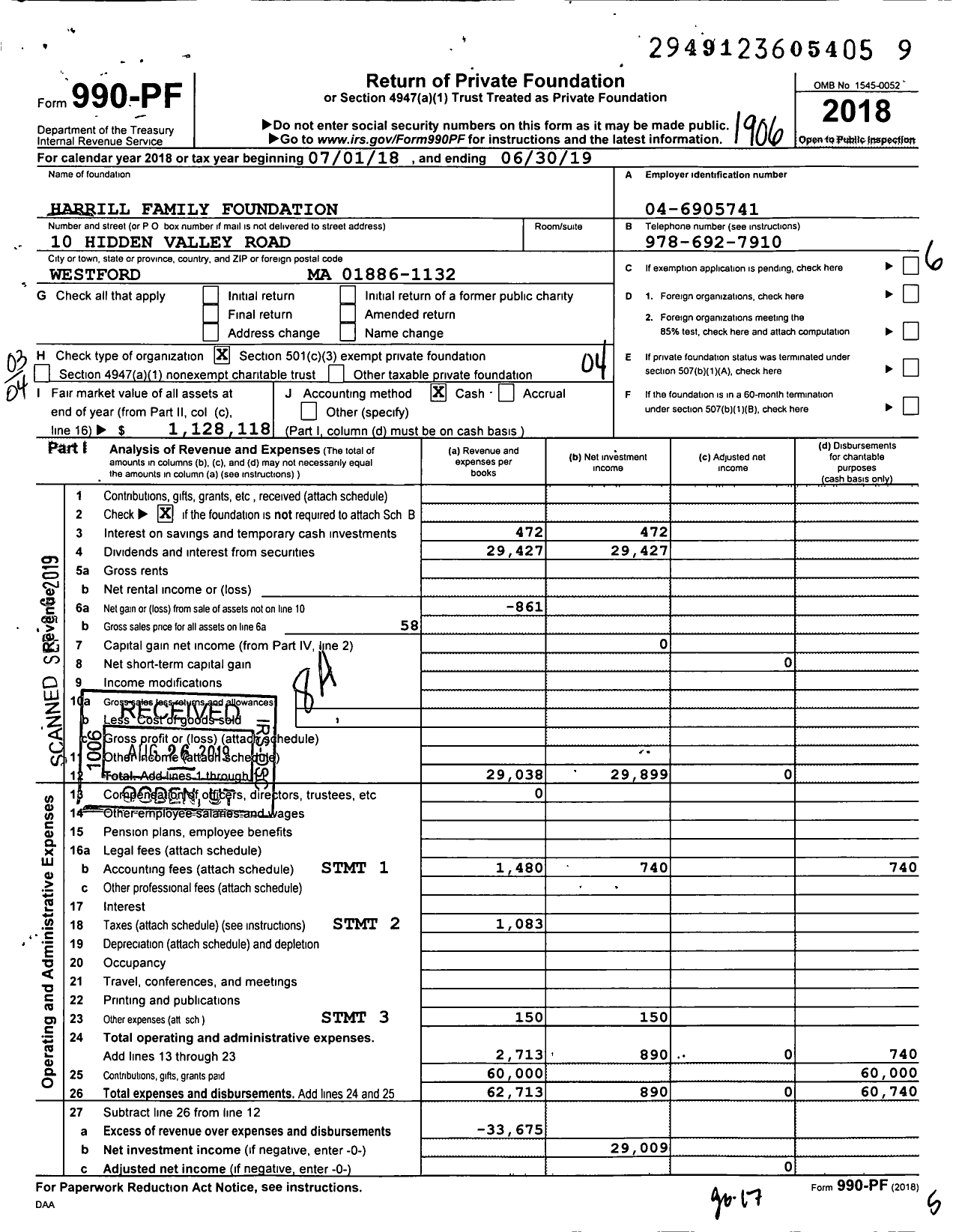 Image of first page of 2018 Form 990PF for Harrill Family Foundation