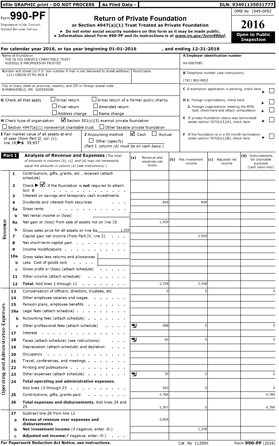 Image of first page of 2016 Form 990PF for The in His Service Charitable Trust Russell B Macpherson Trustee