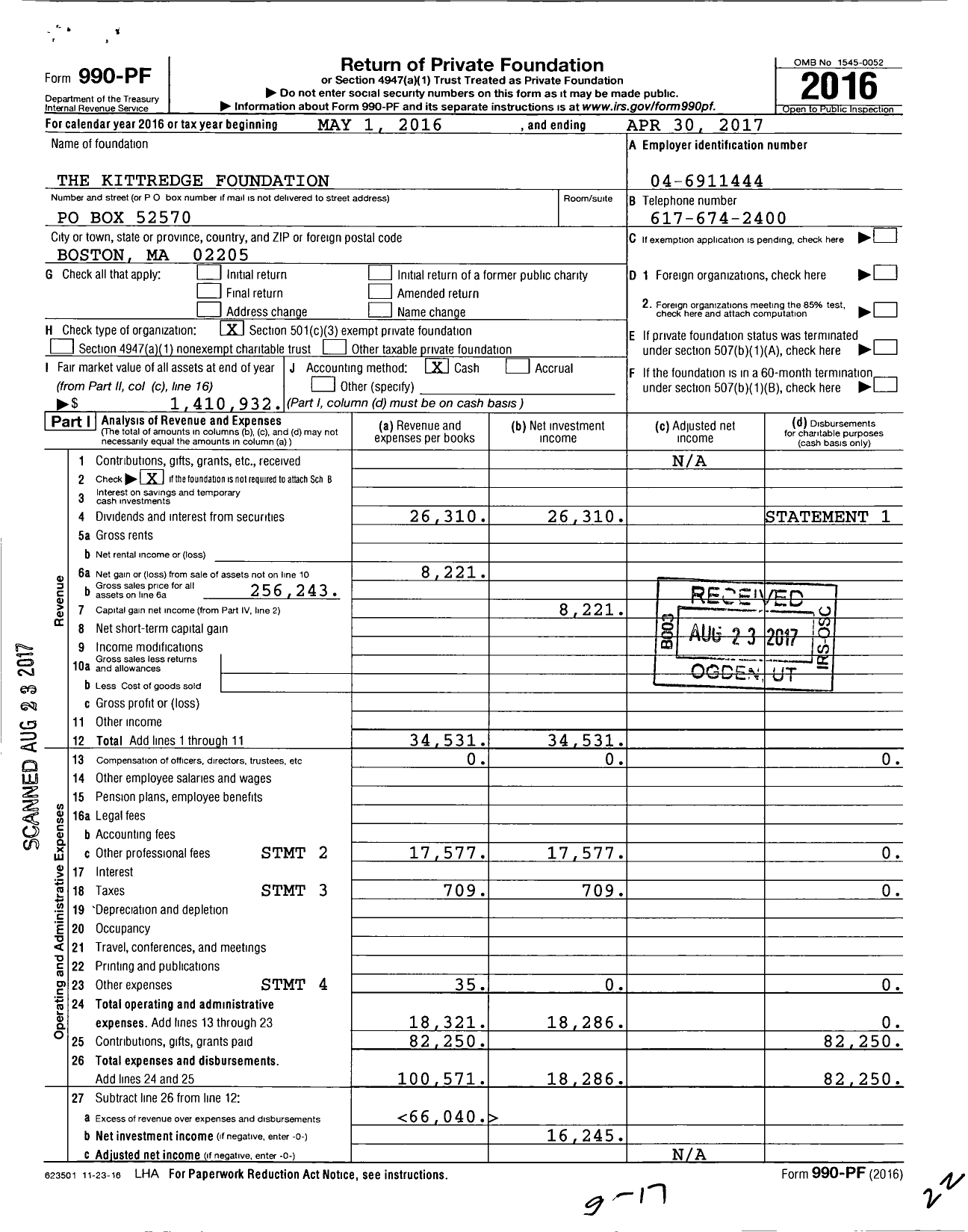 Image of first page of 2016 Form 990PF for The Kittredge Foundation
