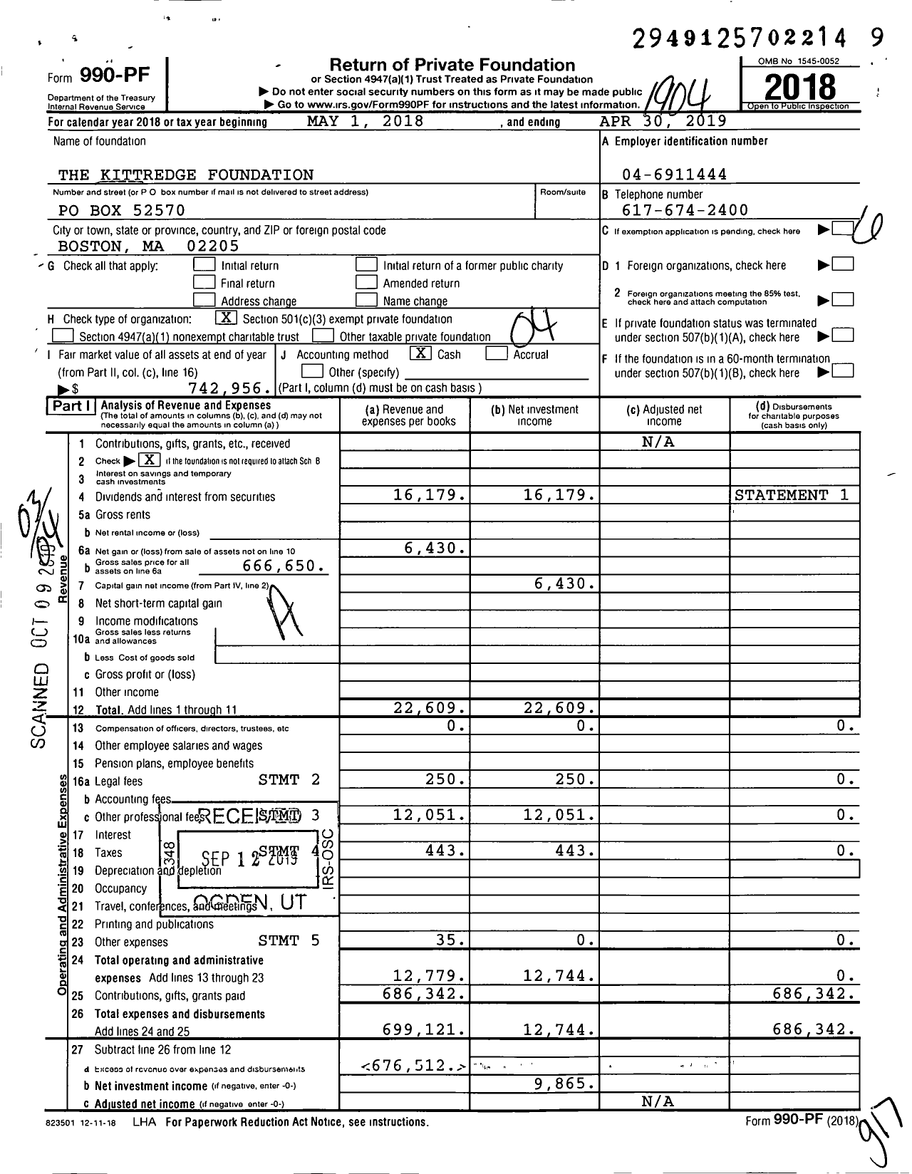 Image of first page of 2018 Form 990PF for The Kittredge Foundation