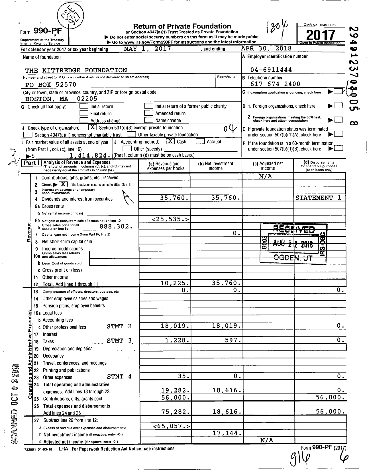 Image of first page of 2017 Form 990PF for The Kittredge Foundation