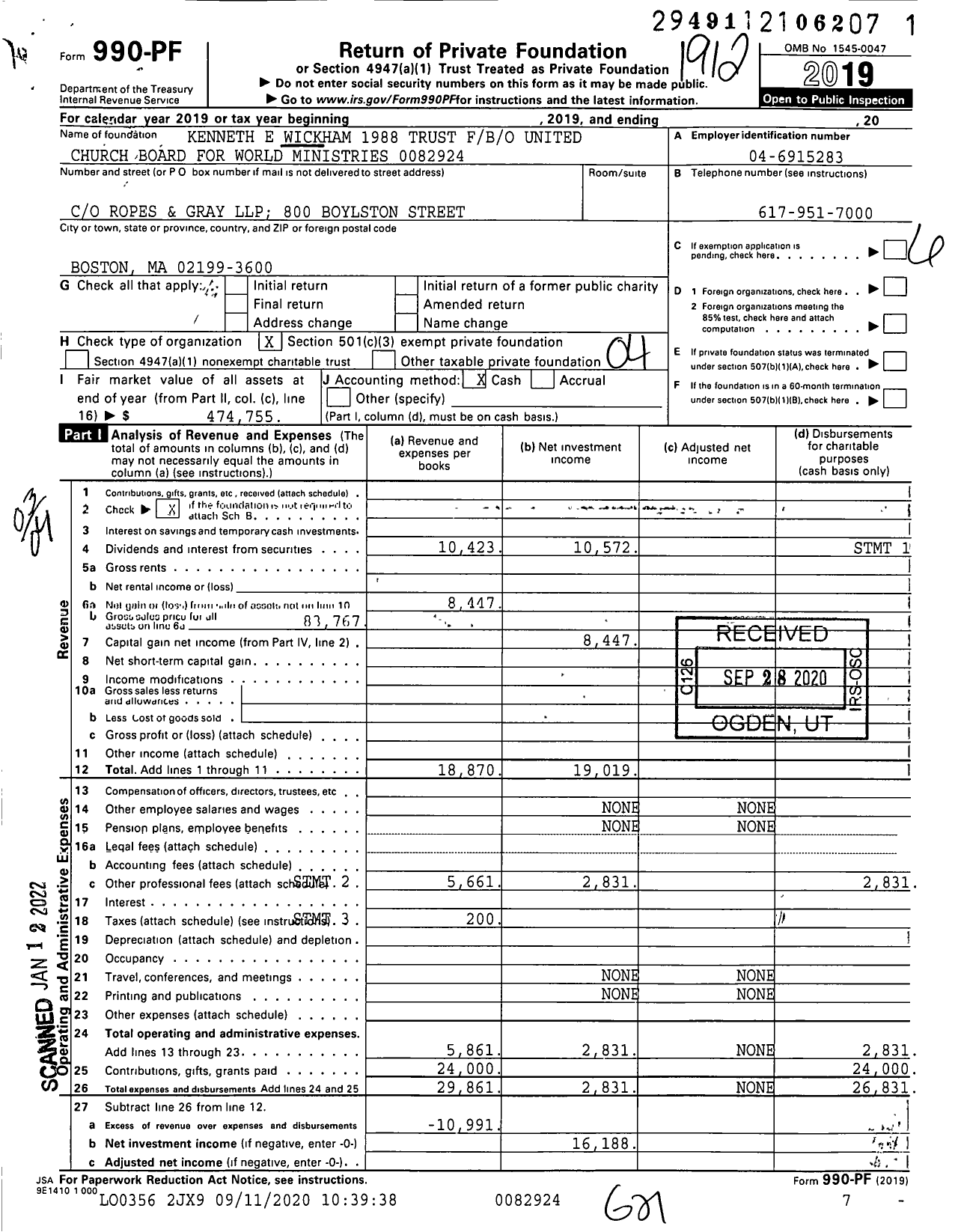 Image of first page of 2019 Form 990PF for Kenneth E Wickham 1988 Trust FBO United Church Board for World Ministries