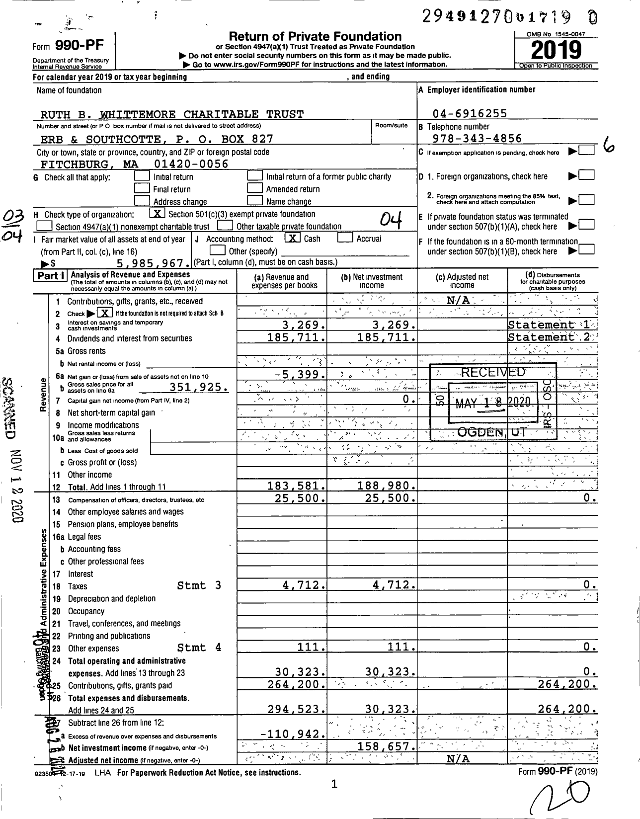 Image of first page of 2019 Form 990PF for Ruth B Whittemore Charitable Trust