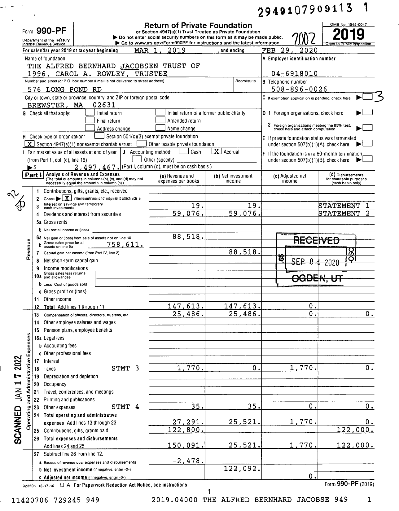 Image of first page of 2019 Form 990PF for The Alfred Bernhard Jacobsen Trust of 1996 Carol A Rowley Trustee