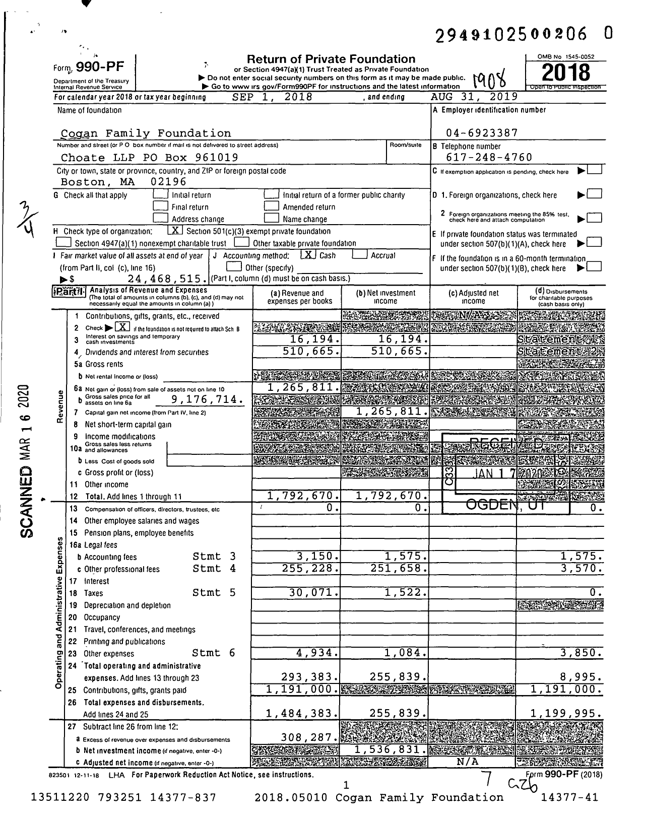 Image of first page of 2018 Form 990PR for Cogan Family Foundation