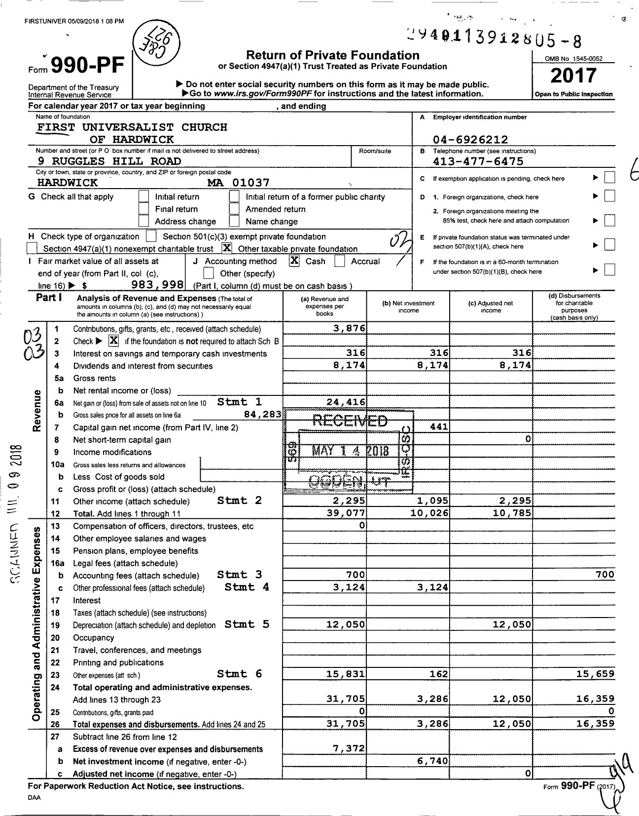 Image of first page of 2017 Form 990PF for First Universalist Church of Hardwick of Hardwick