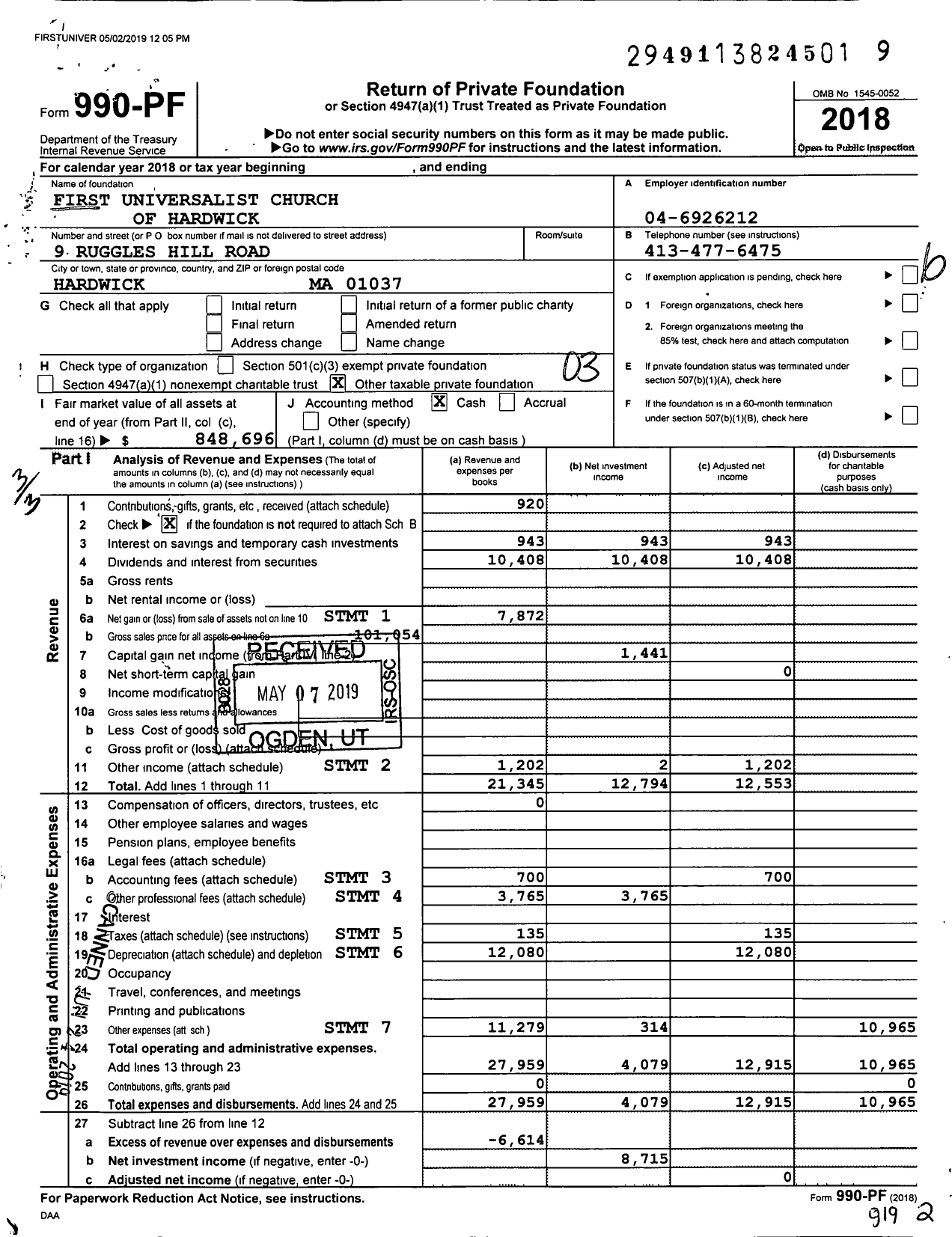 Image of first page of 2018 Form 990PF for First Universalist Church of Hardwick of Hardwick