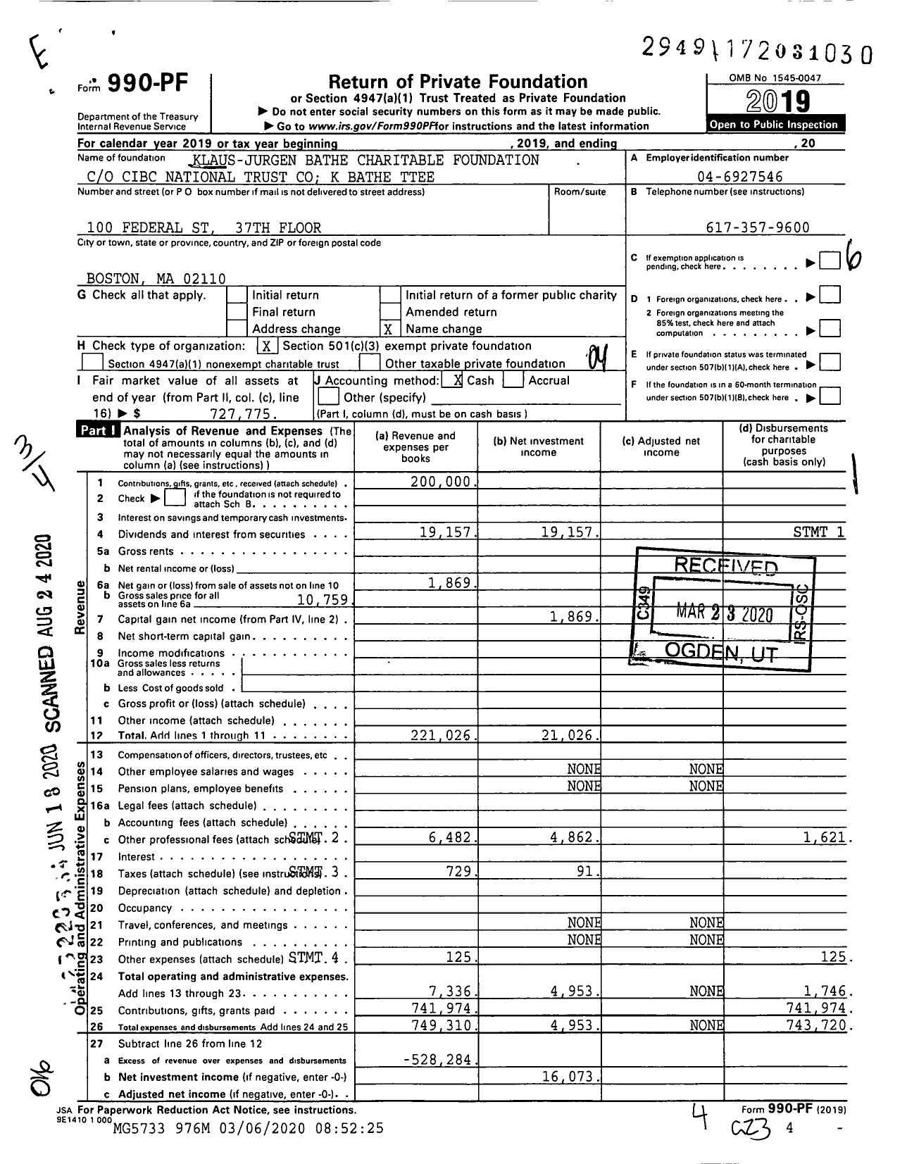 Image of first page of 2019 Form 990PR for Klaus-Jurgen Bathe Charitable Foundation