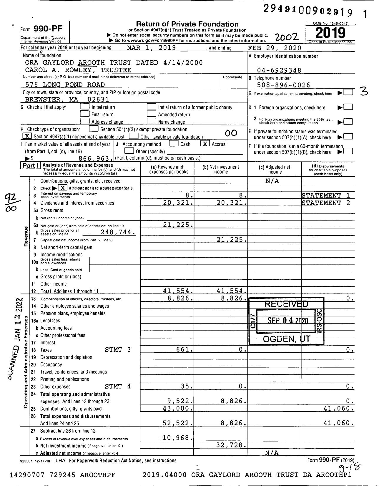 Image of first page of 2019 Form 990PF for Ora Gaylord Arooth Trust Dated 4142000 Carol A Rowley Trustee