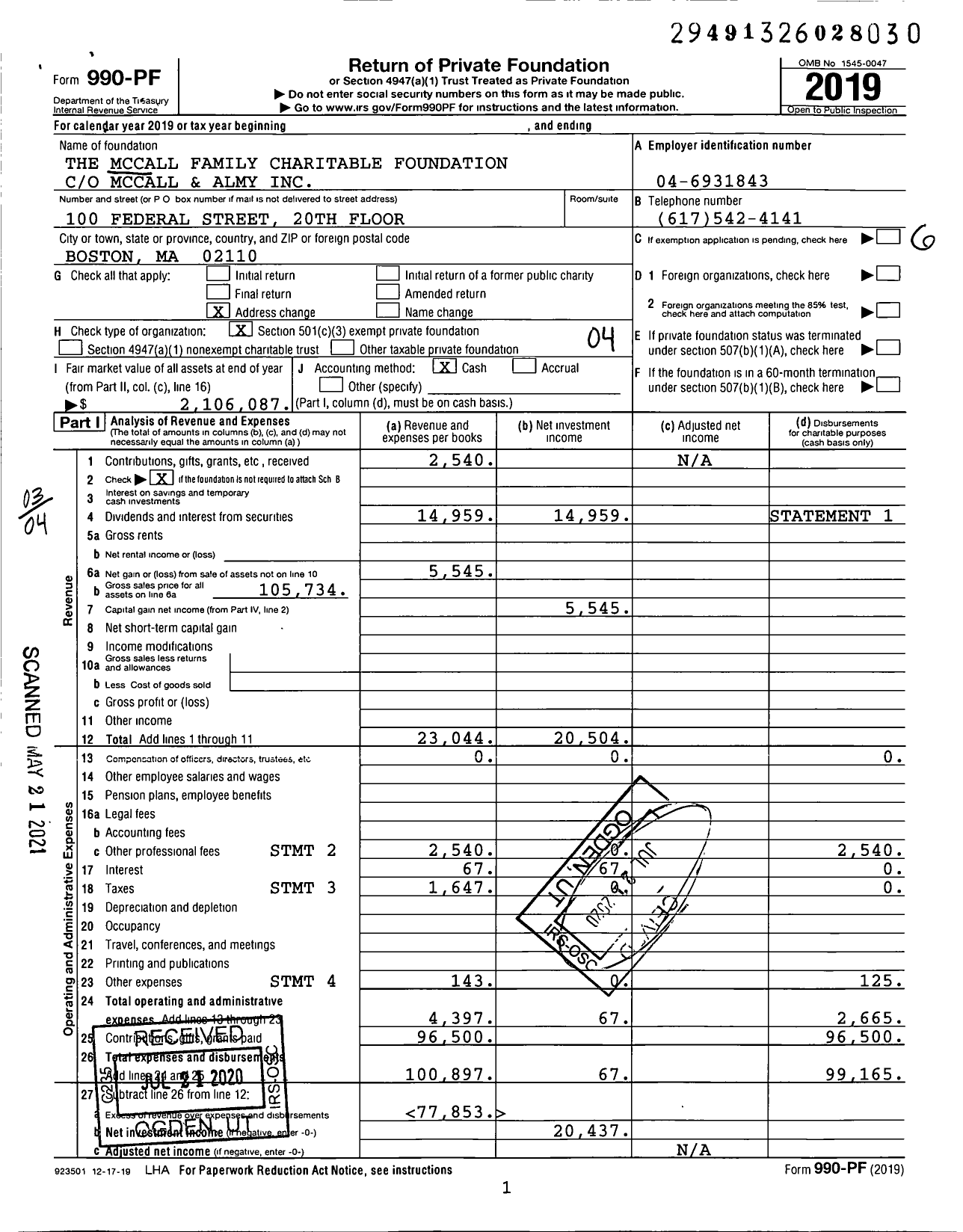 Image of first page of 2019 Form 990PF for The Mccall Family Charitable Foundation