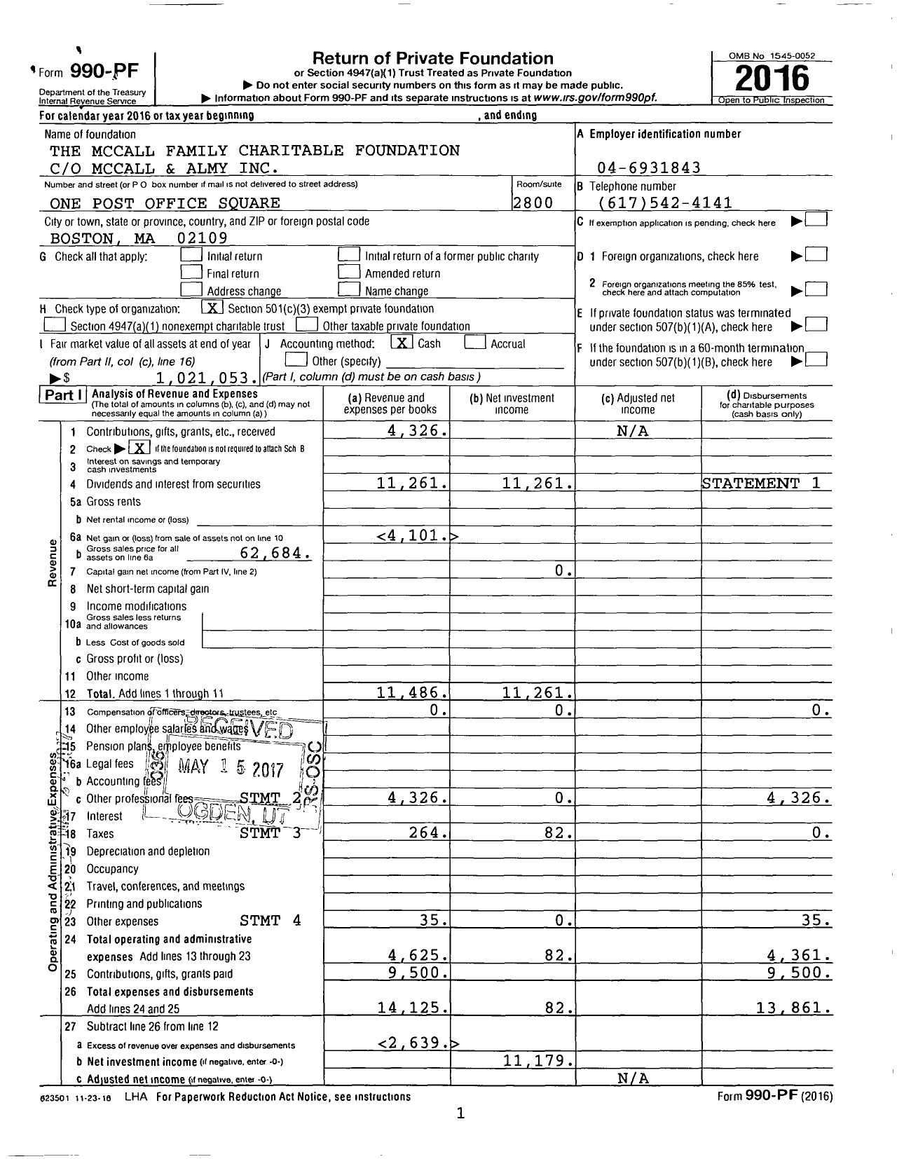 Image of first page of 2016 Form 990PF for The Mccall Family Charitable Foundation
