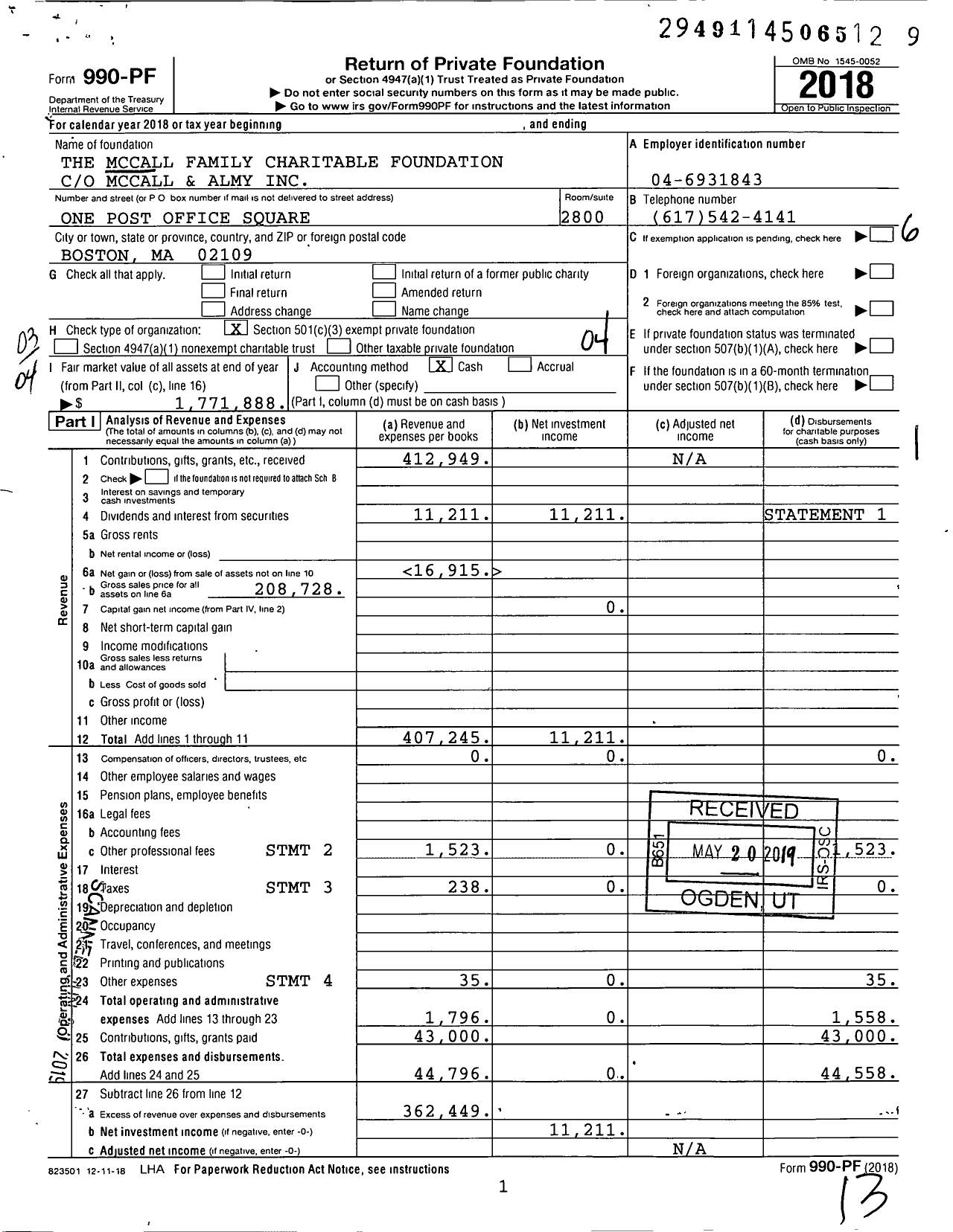 Image of first page of 2018 Form 990PF for The Mccall Family Charitable Foundation