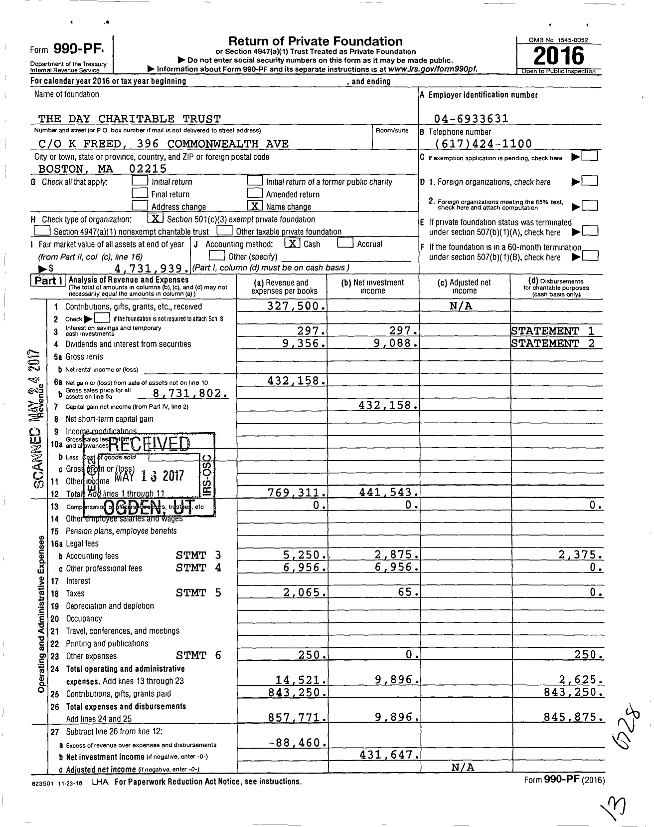 Image of first page of 2016 Form 990PF for The Day Charitable Trust