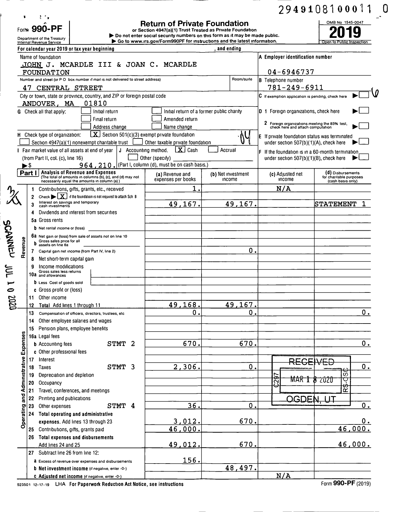 Image of first page of 2019 Form 990PR for John J Mcardle Iii and Joan C Mcardle Foundation