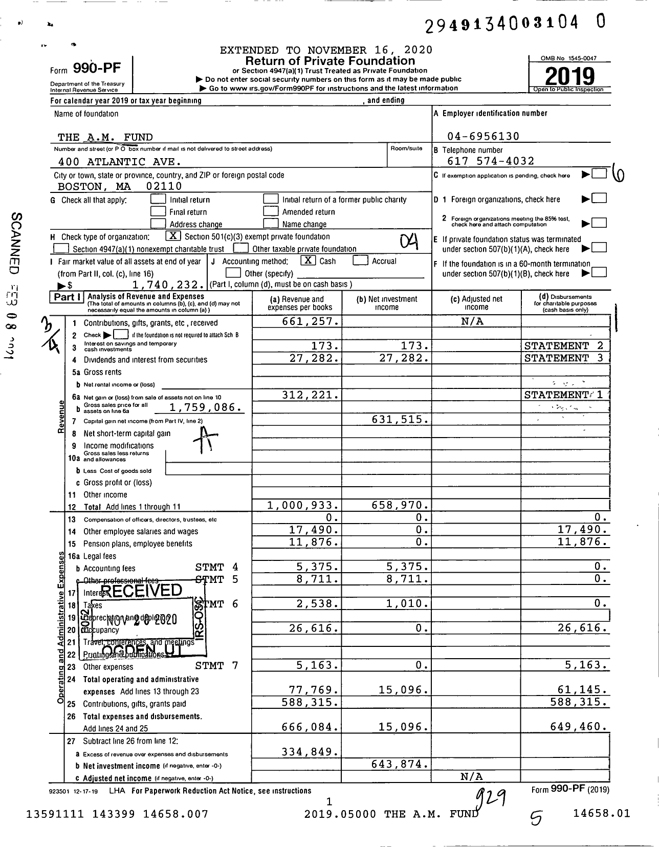 Image of first page of 2019 Form 990PF for The Am Fund