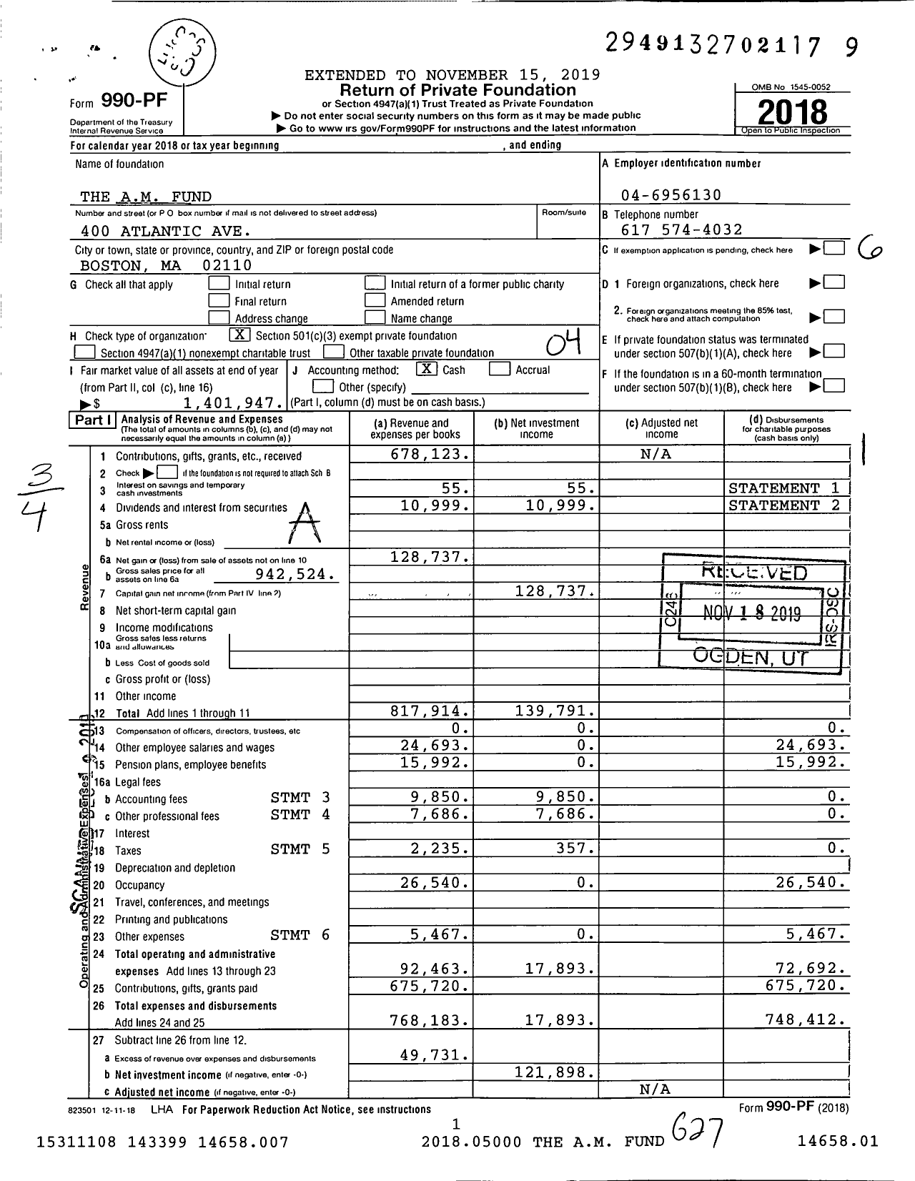 Image of first page of 2018 Form 990PF for The Am Fund