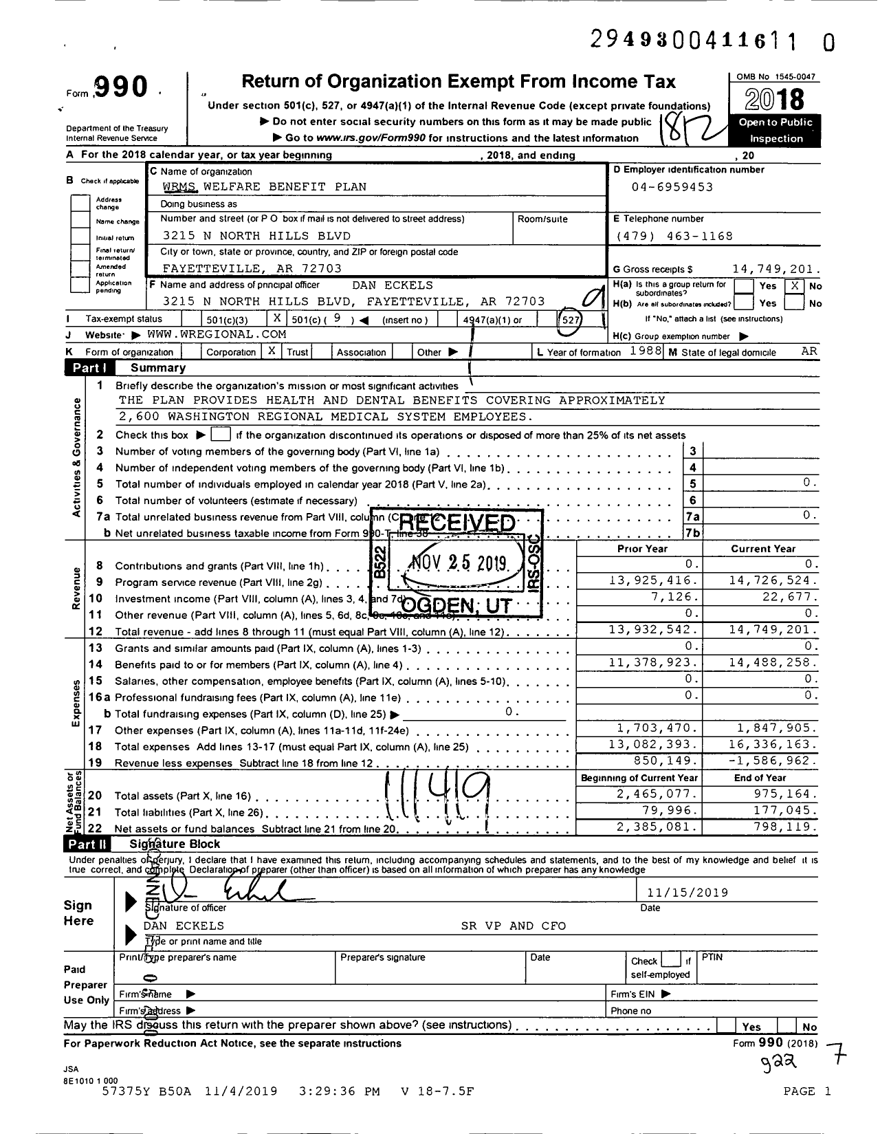 Image of first page of 2018 Form 990O for Washington Regional Medical System Welfare Benefit Plan