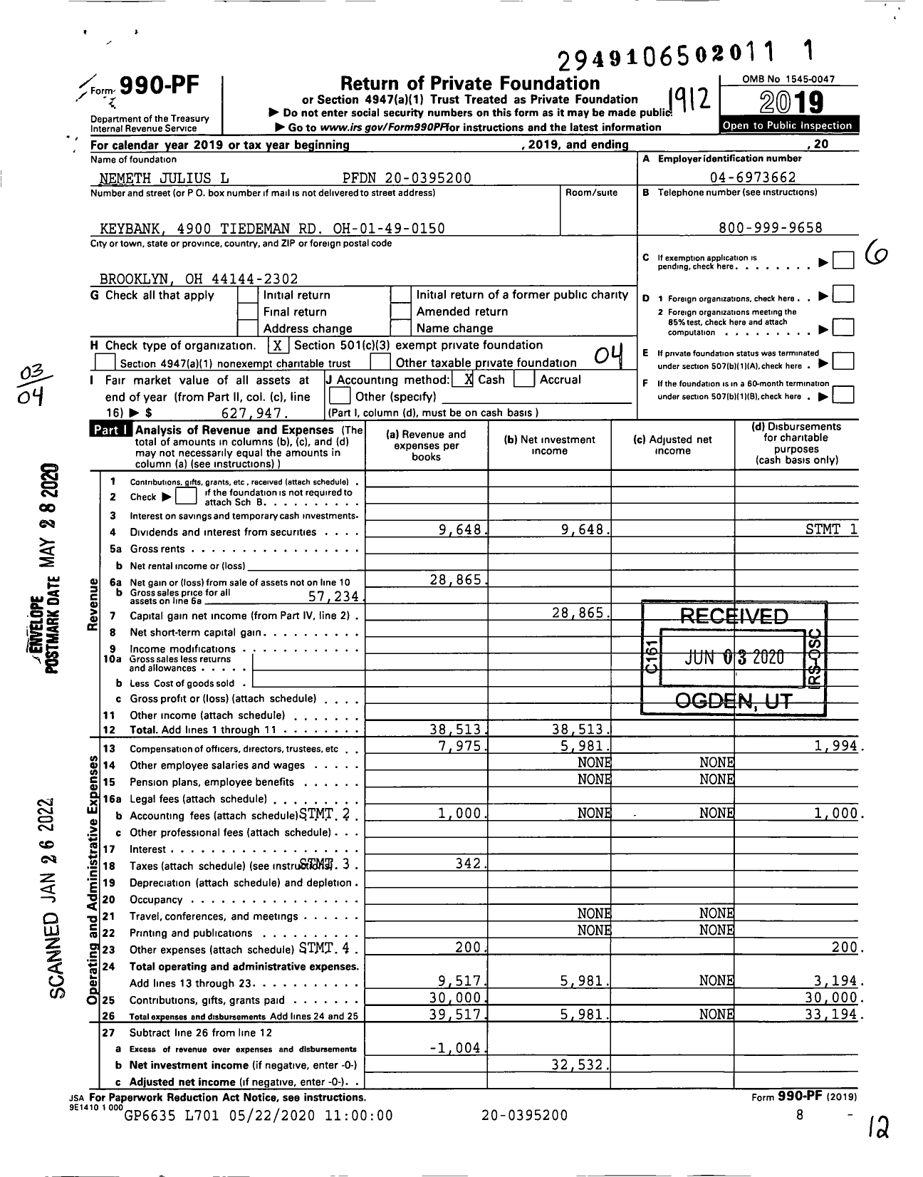 Image of first page of 2019 Form 990PF for Nemeth Julius L PFDN