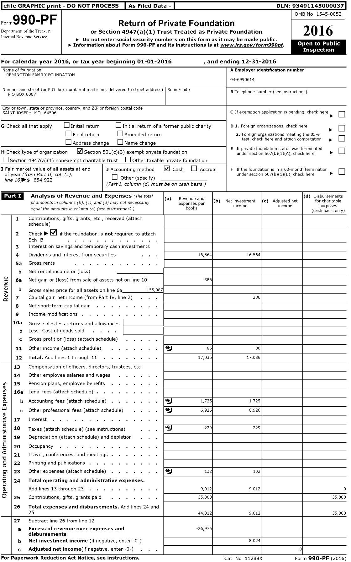 Image of first page of 2016 Form 990PF for Remington Family Foundation