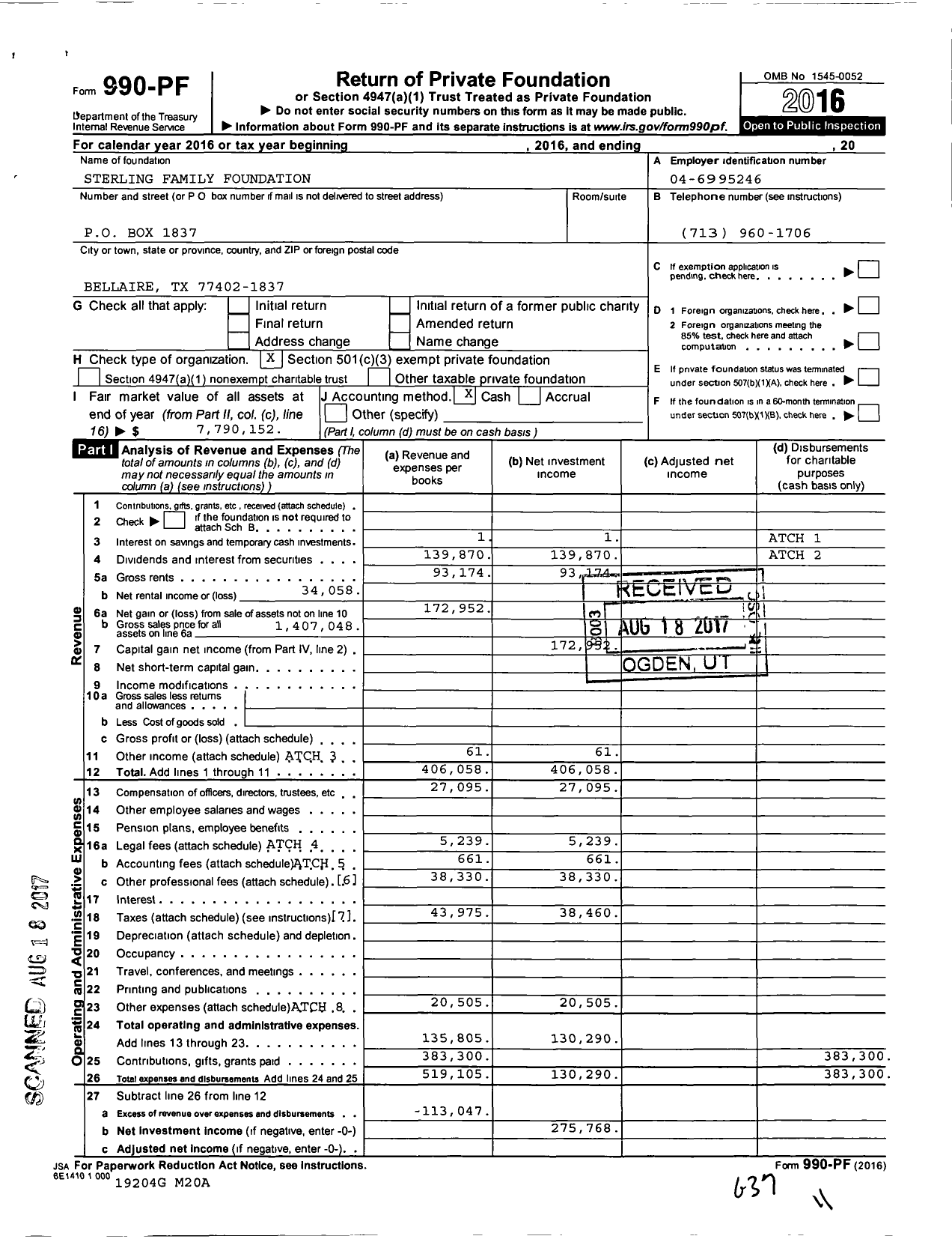 Image of first page of 2016 Form 990PF for Sterling Family Foundation / Dominguez Daniel Ttee