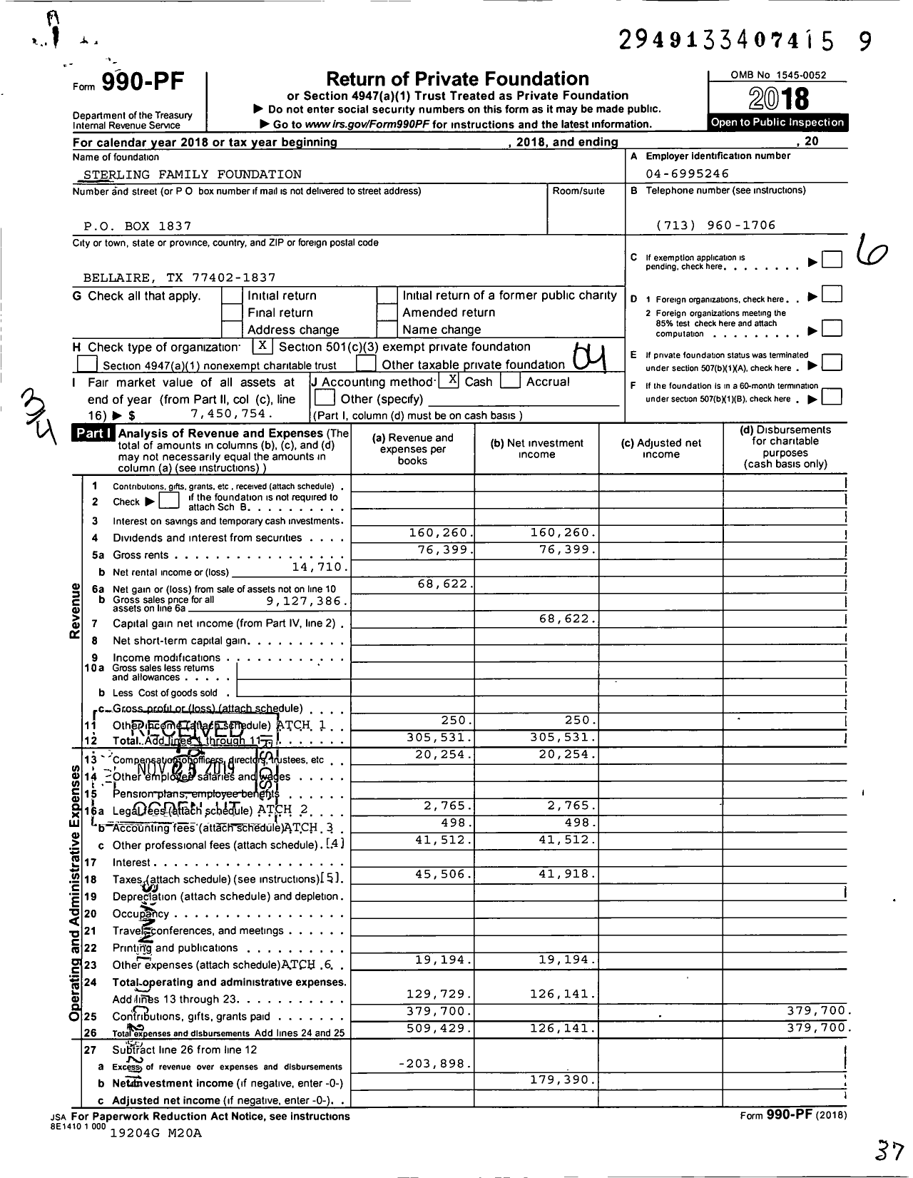 Image of first page of 2018 Form 990PF for Sterling Family Foundation / Dominguez Daniel Ttee