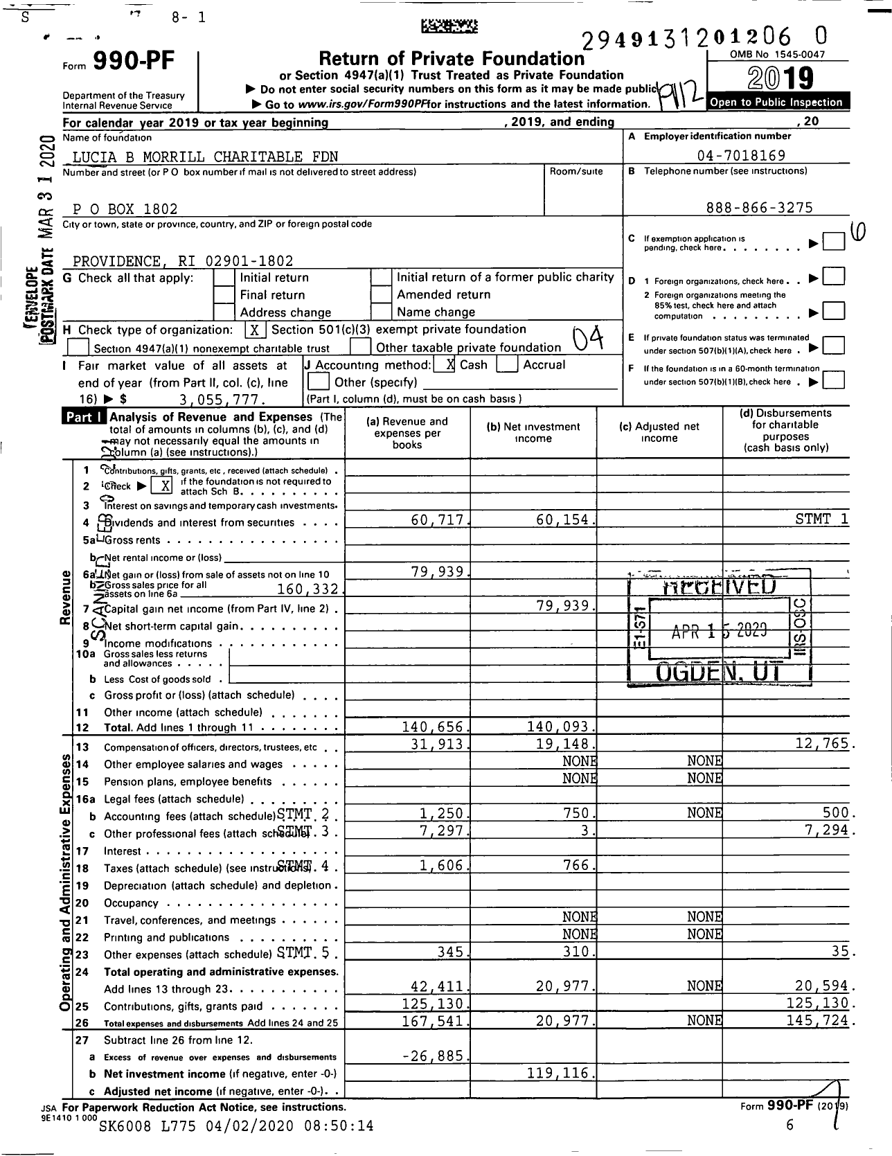 Image of first page of 2019 Form 990PF for Lucia B Morrill Charitable Foundation