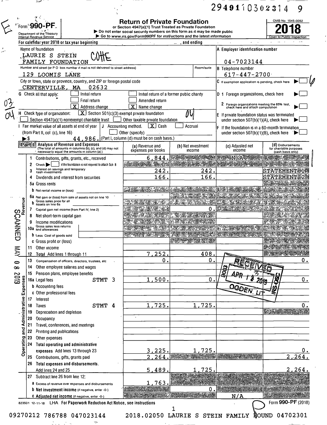 Image of first page of 2018 Form 990PF for Laurie S Stein Family Foundation