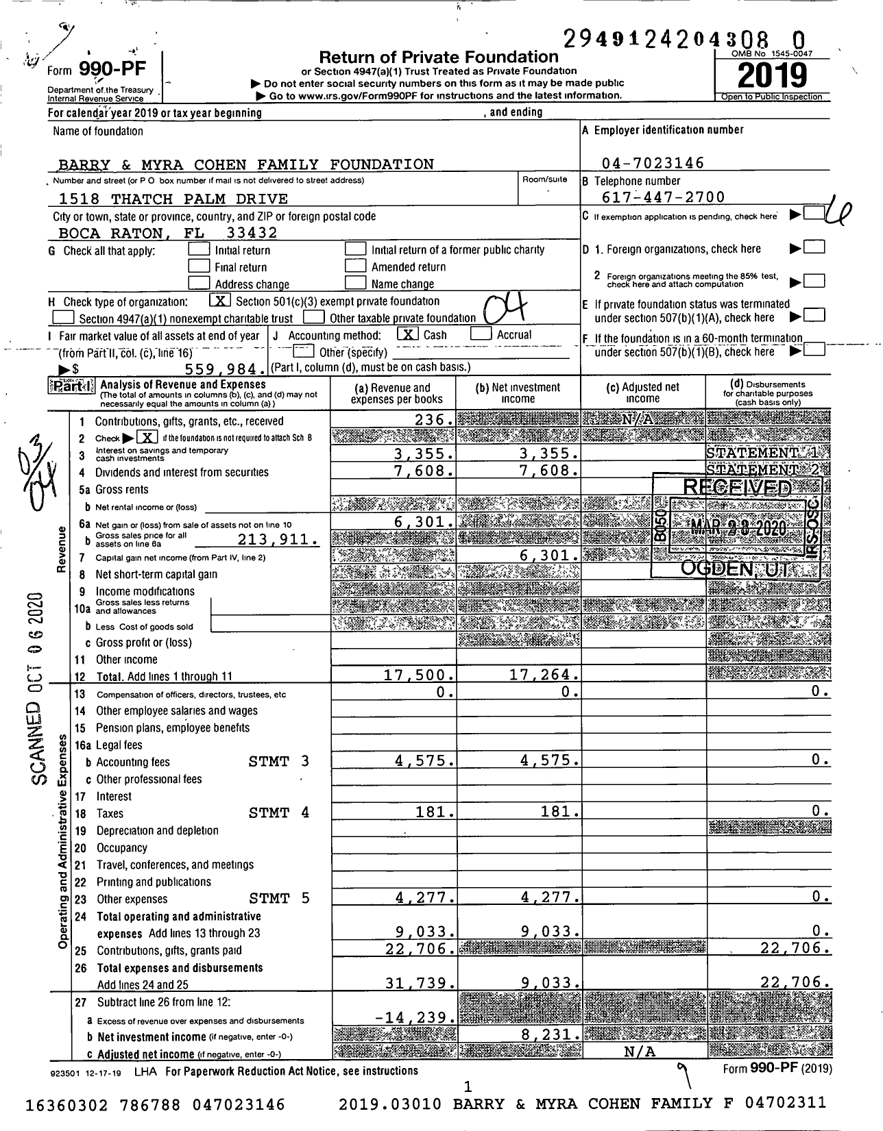 Image of first page of 2019 Form 990PR for Barry and Myra Cohen Family Foundation