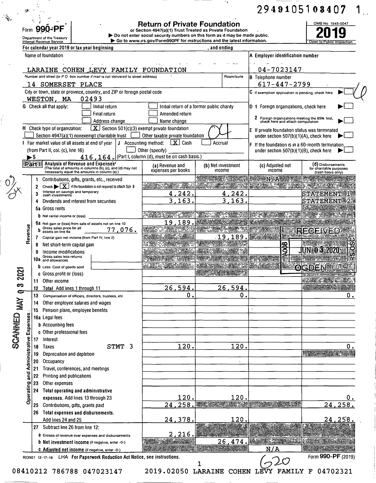 Image of first page of 2019 Form 990PF for Laraine Cohen Levy Family Foundation