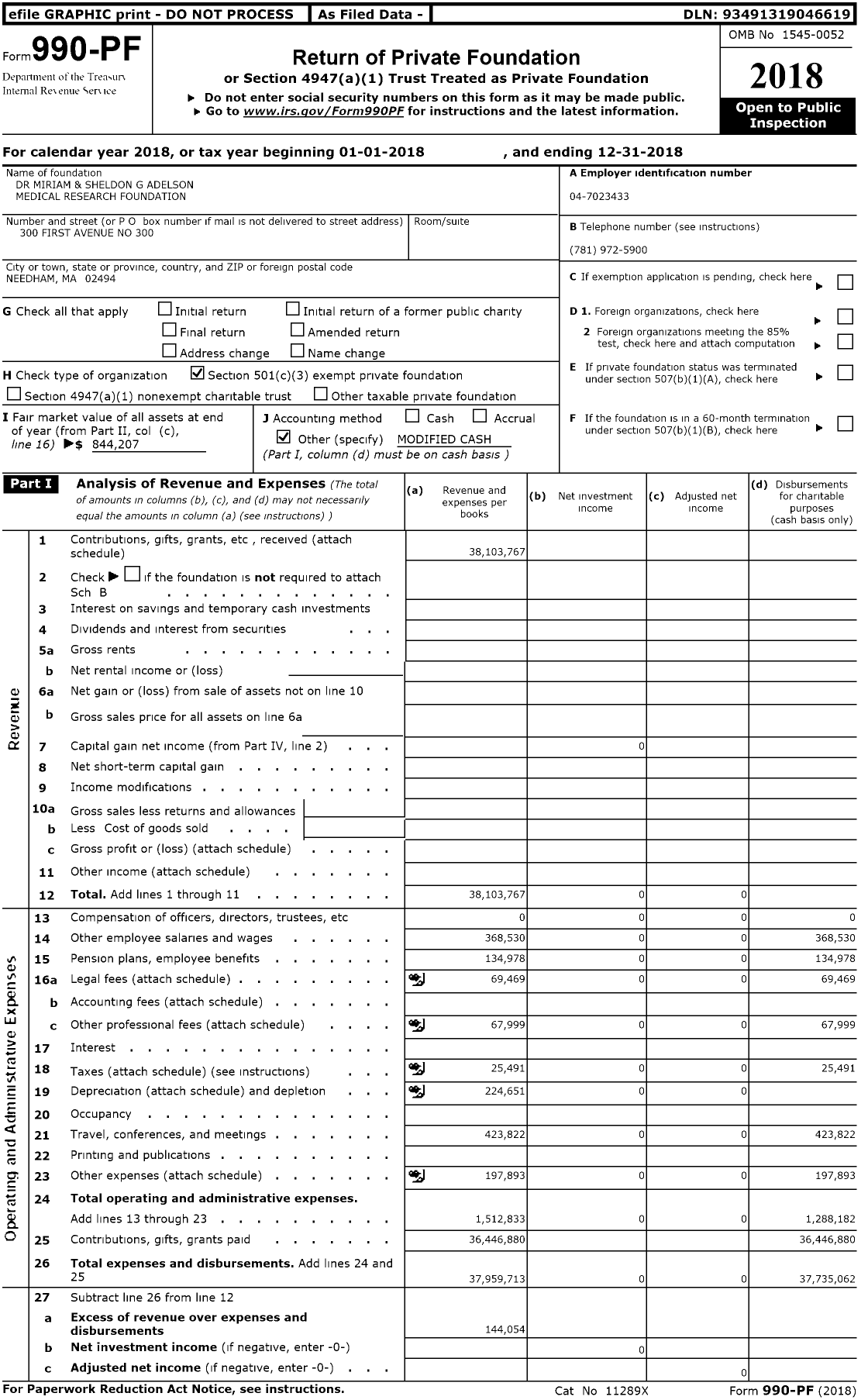 Image of first page of 2018 Form 990PF for Dr Miriam and Sheldon G. Adelson Medical Research Foundation